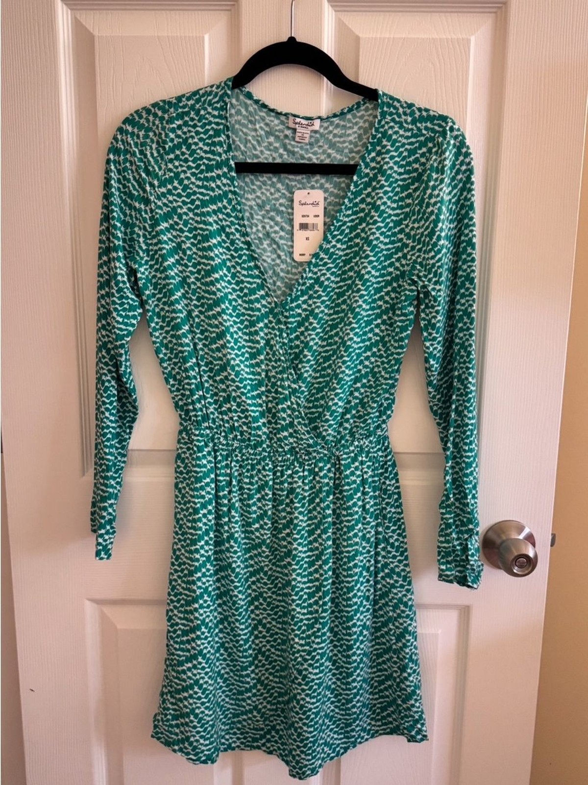 NWT Splendid Teal & White Long-Sleeve Wrap-Style Dress- XS