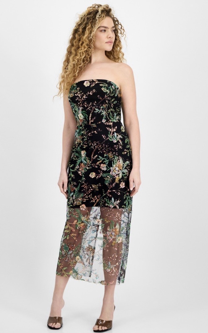 Sam Edelman Floral Sequin Strapless Dress Women’s 2 Black Multi Back Zip Closure