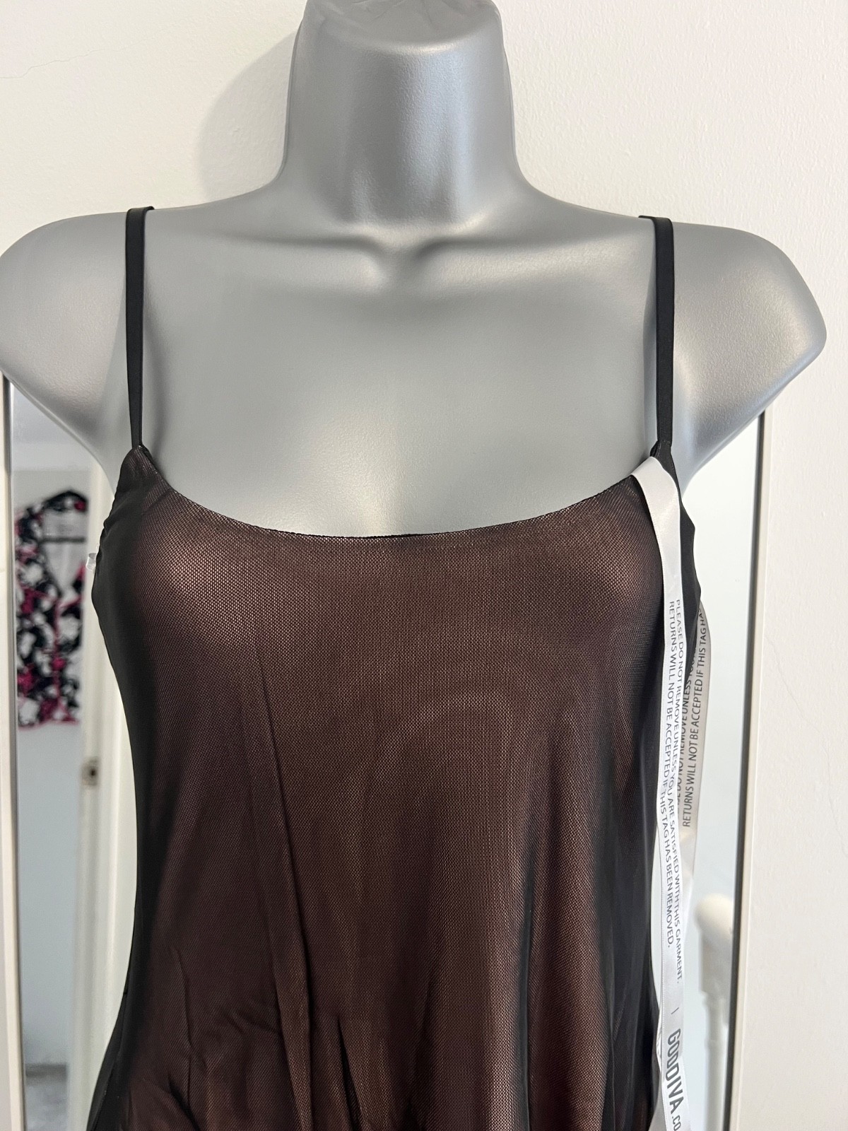Goddiva Two-Tone Sheer Mesh Draped Midi Dress Brown Underlayer Black Overlay