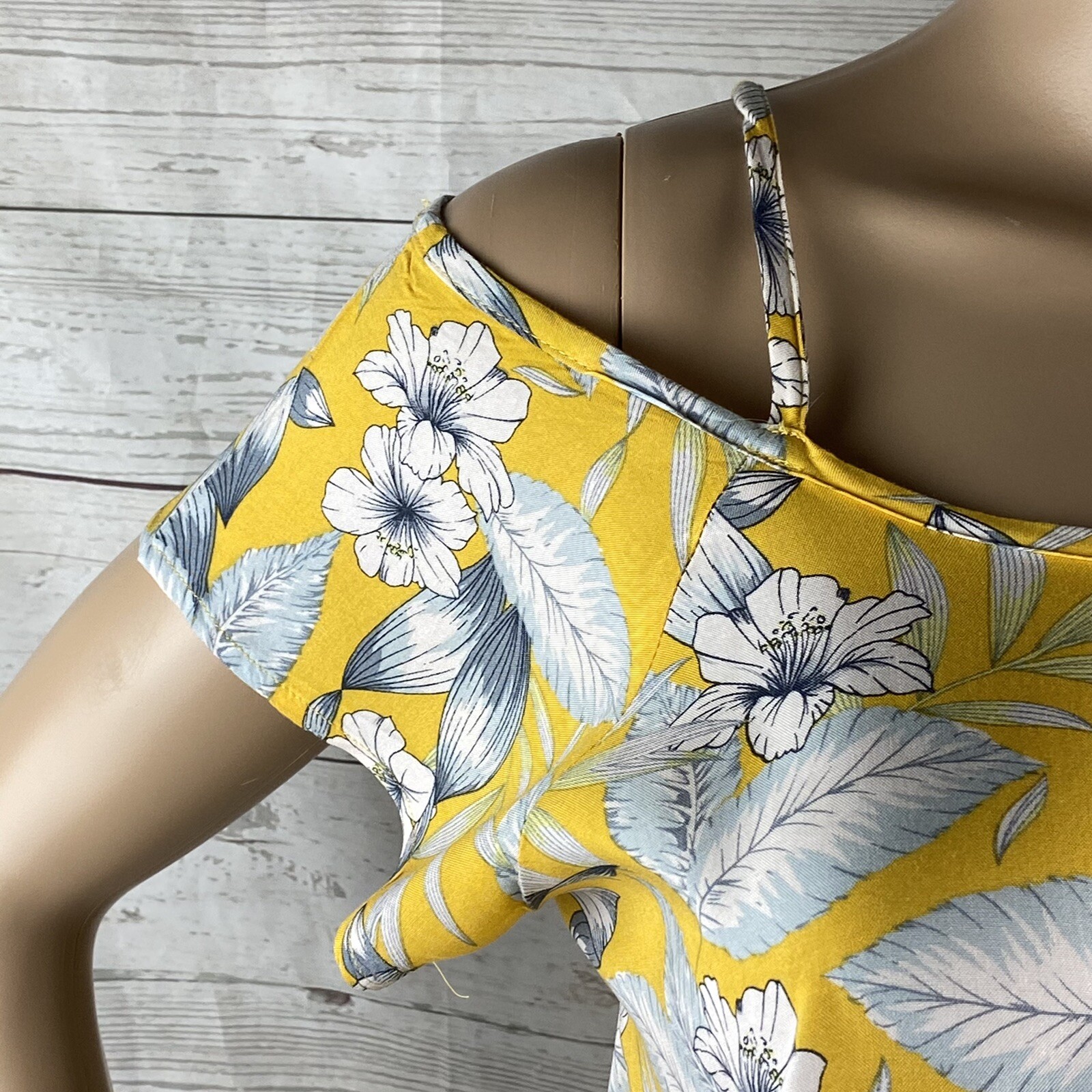 Island Haze Sundress Small Yellow Gray White Hibiscus Floral Hawaiian Dress Cute