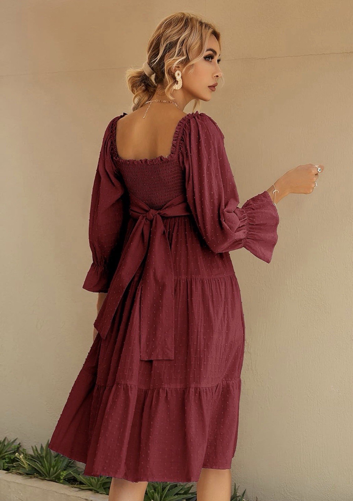 R. Vivimos Plaid Puff Sleeves Bow Boho Midi Dress Sz M Burgundy Vacation Casual
