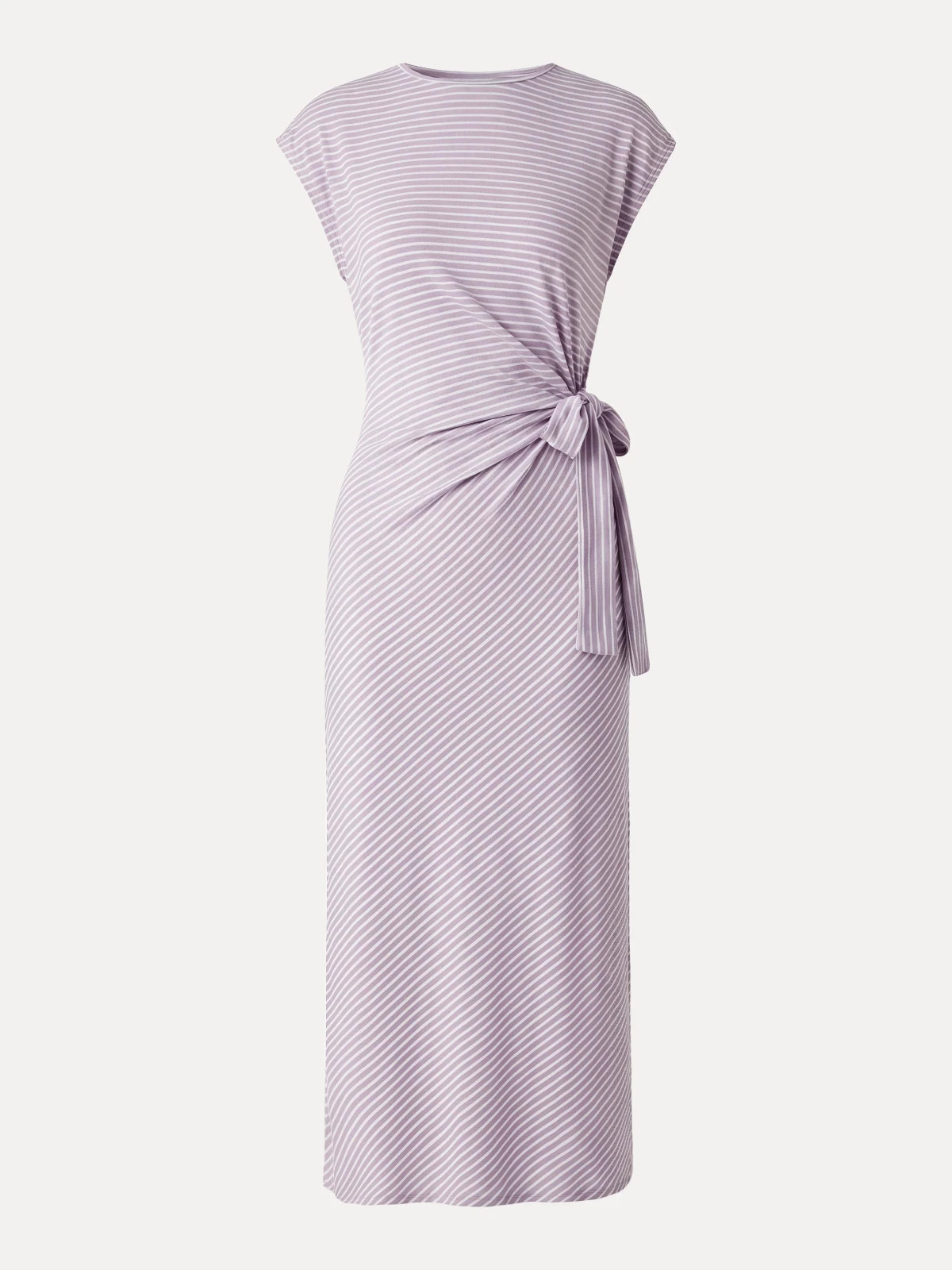 Women’s Striped Relaxed Midi Dress with Tie Belt, Purple/White Stripe