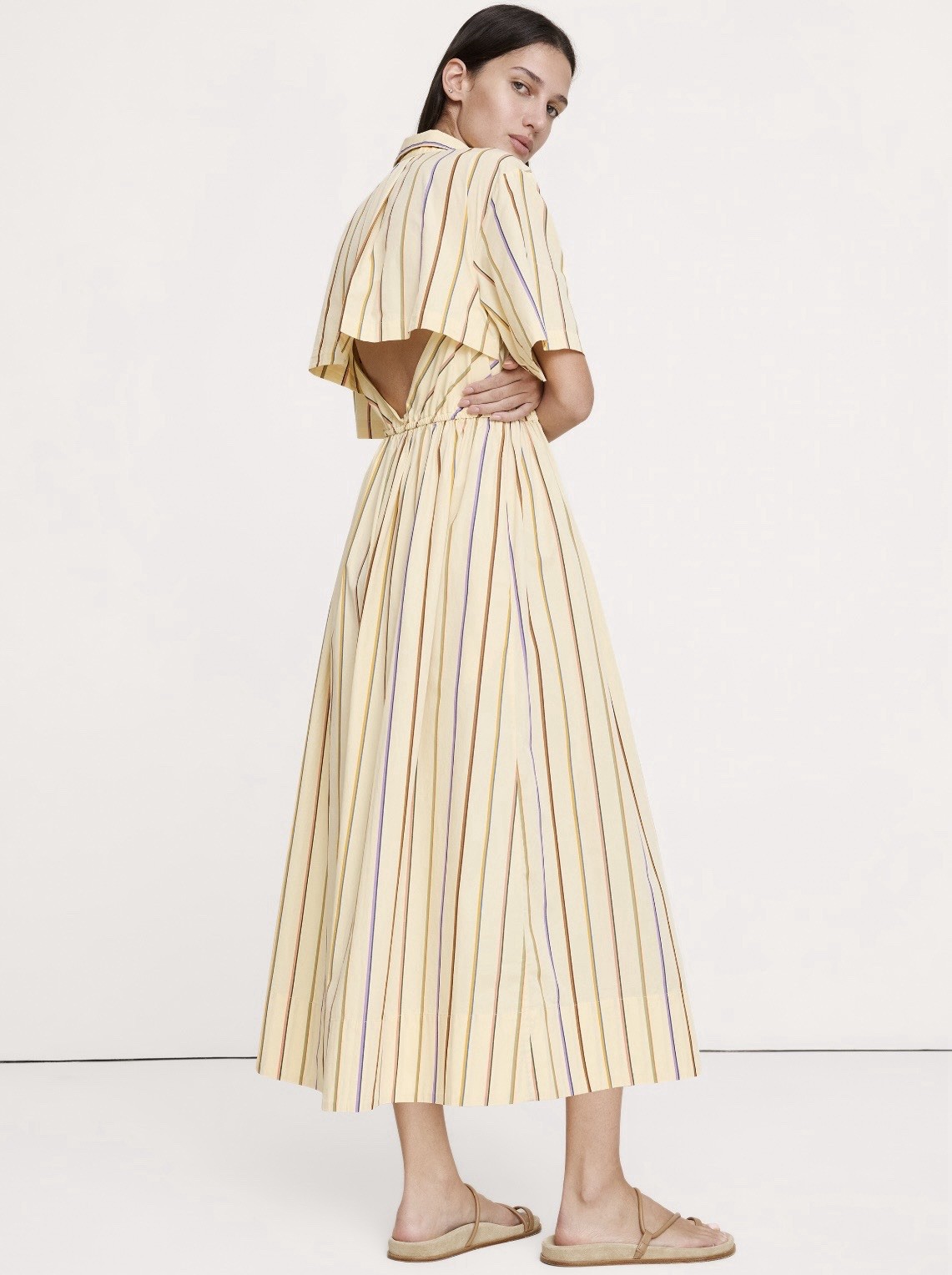 Banana Republic XSP PETIT Cotton Poplin Open-Back Shirtdress Cream Yellow Stripe