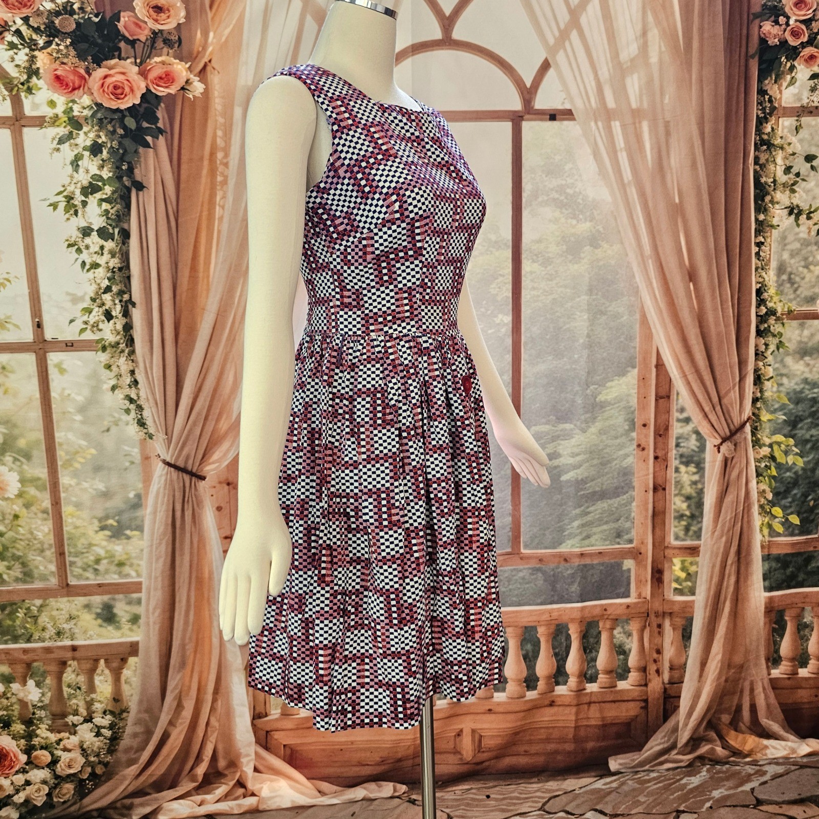 Vintage 1960’s Geometric Checkered Fit & Flare Dress Red White Navy Square Neck