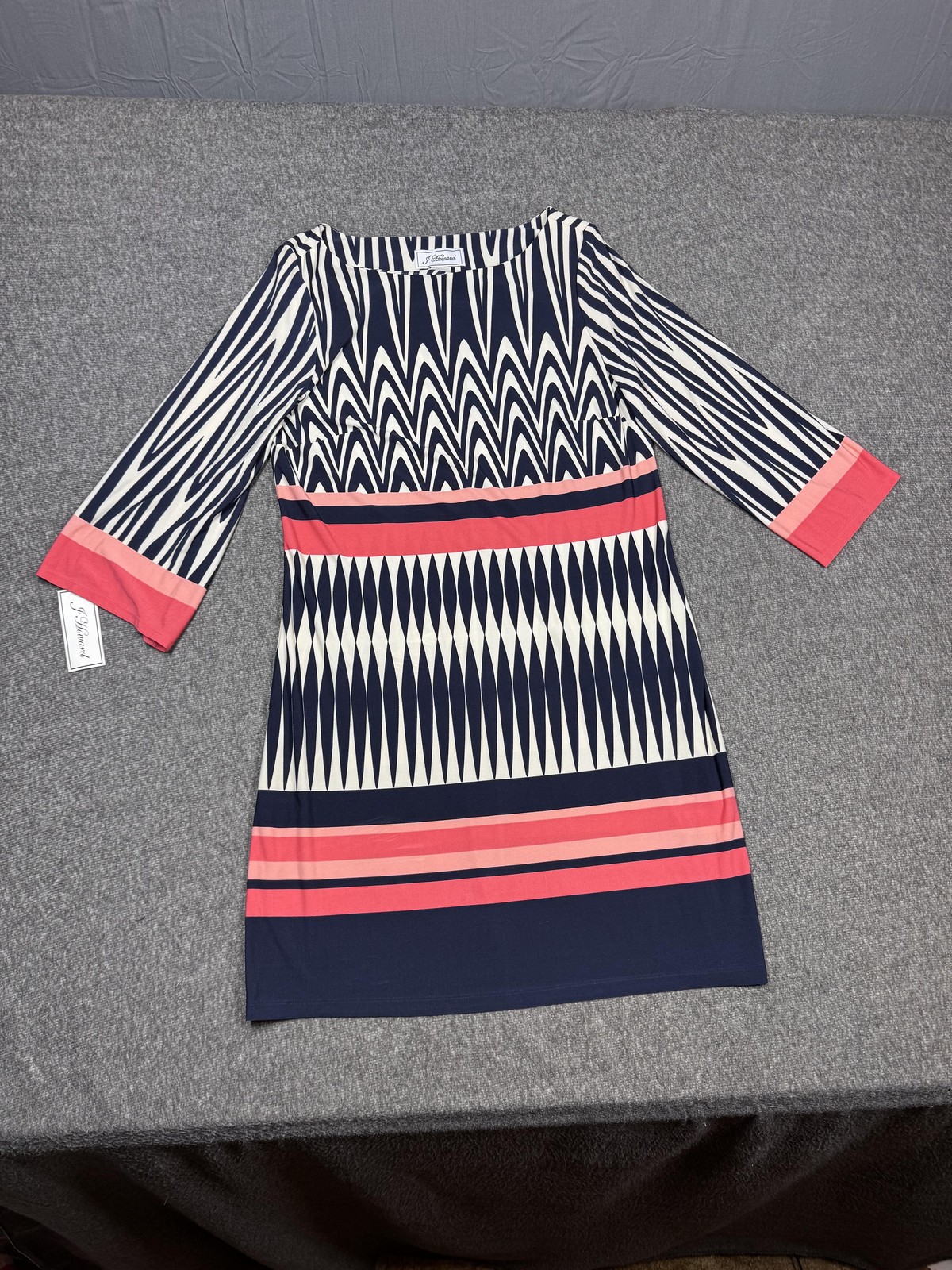 J Howard Dress Womens 14 Navy Pink Geometric Print 3/4 Sleeve Sheath New NWT