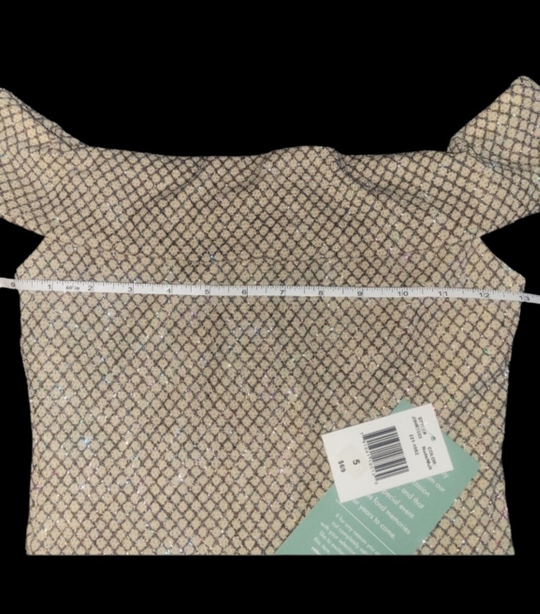 B. Smart Sheath Dress Off Shoulder Sleeveless Beige/Black Geometric Knee Sz 5