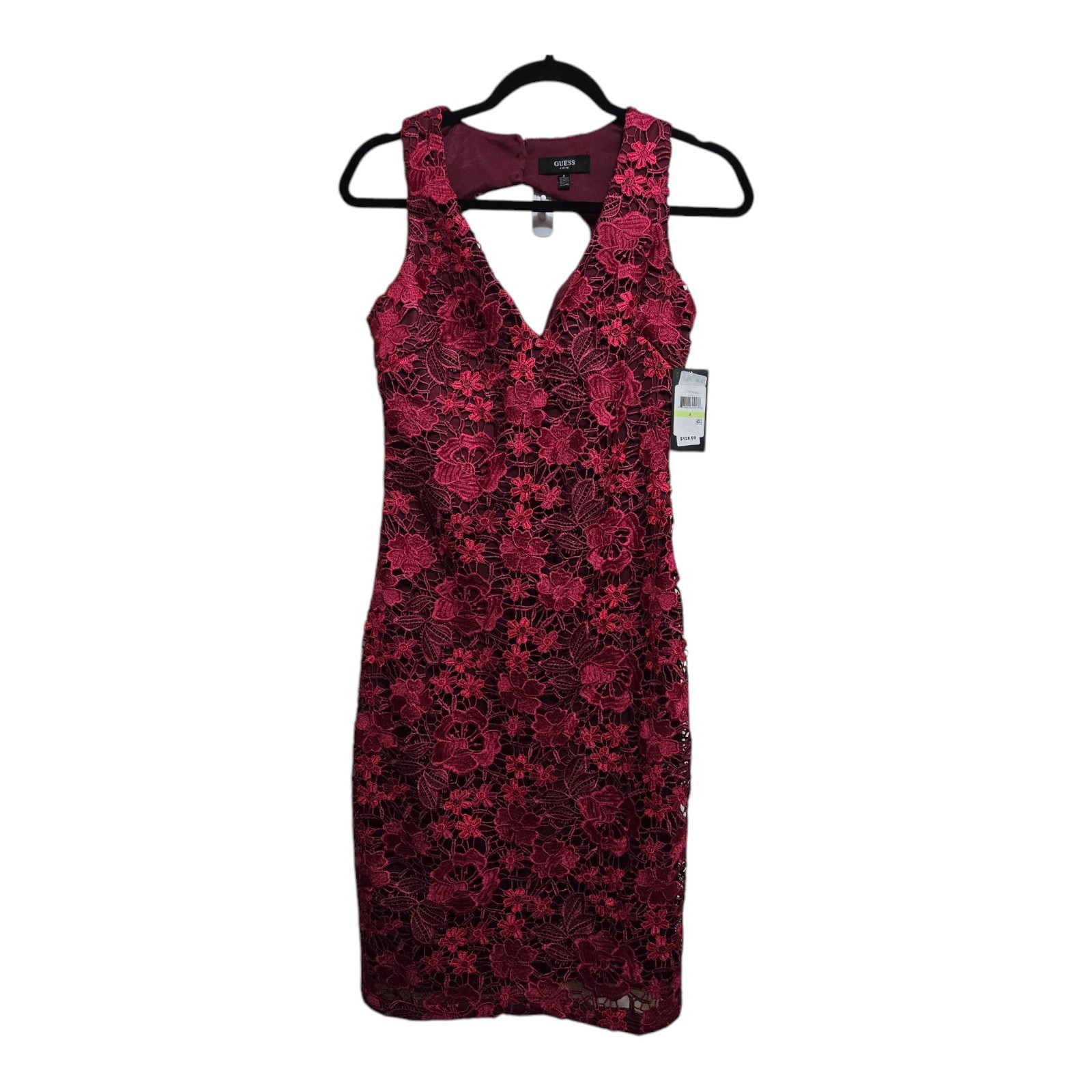 GUESS Dress Size 4 Red Floral Lace Embroidered Sleeveless Elegant Luxury NEW
