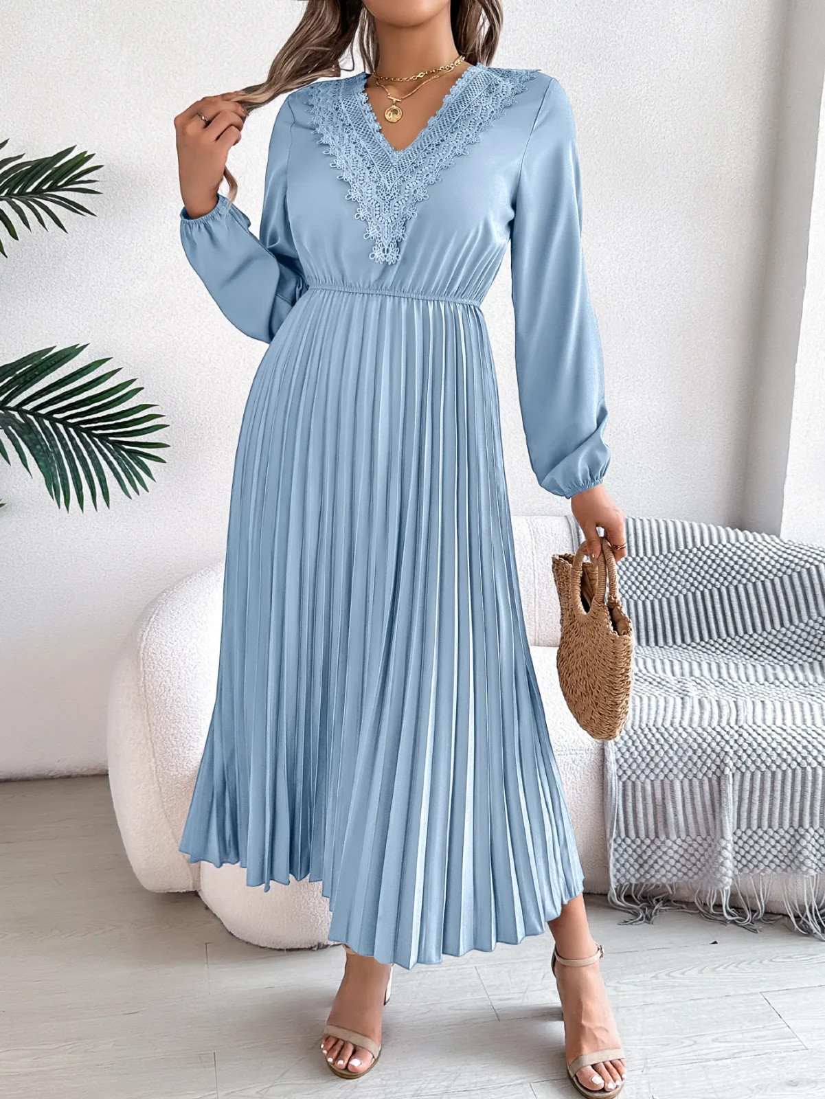 Women’s Elegant V Neck Lace Tie Waist Pleated Maxi Dress (Sizes: L, M, S, XL)