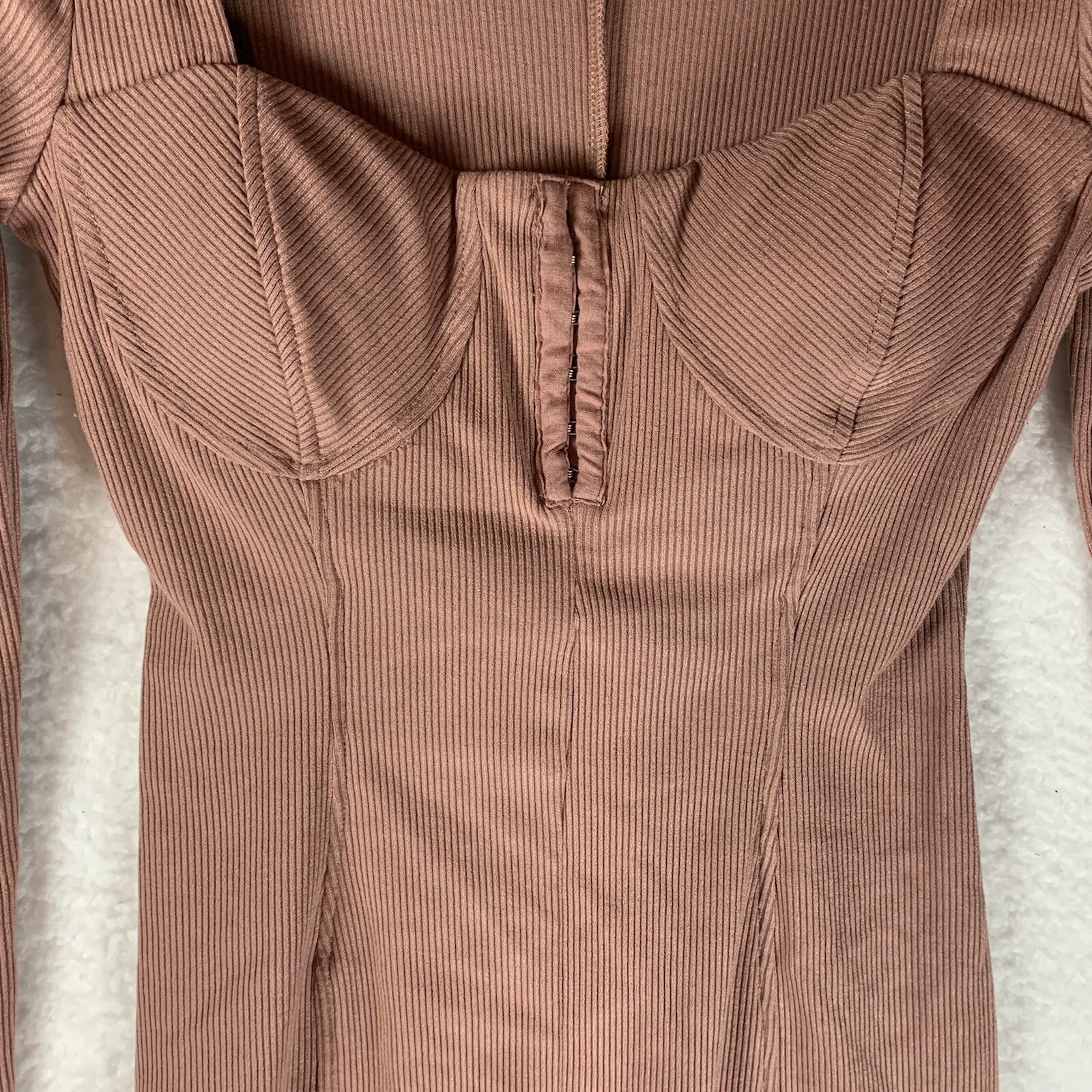 NEW ASTR Blush RIBBED Long Sleeve HOOK & EYE FRONT Bustier Bust BODYCON DRESS M