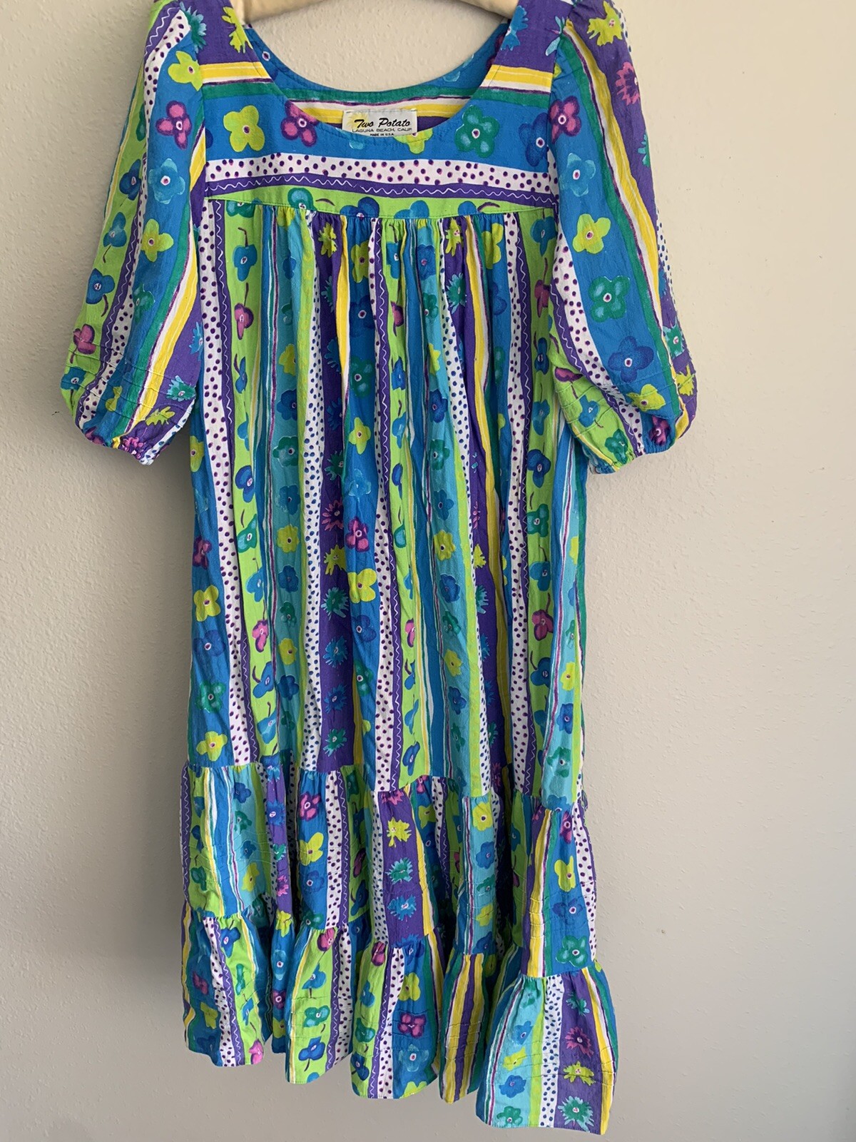 S 2 Two Potato Purple Blue Flower Stripe Casual House Dress Lounge Vintage Small