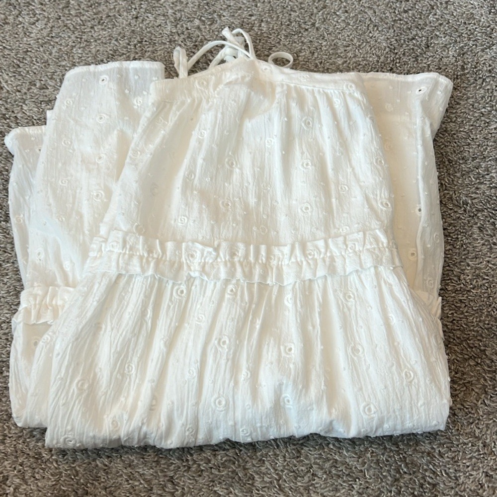 EUC Woman’s Loft White Clip Bow Strap Ruffle Swing Dress Small 4 6 Eyelet Flowy