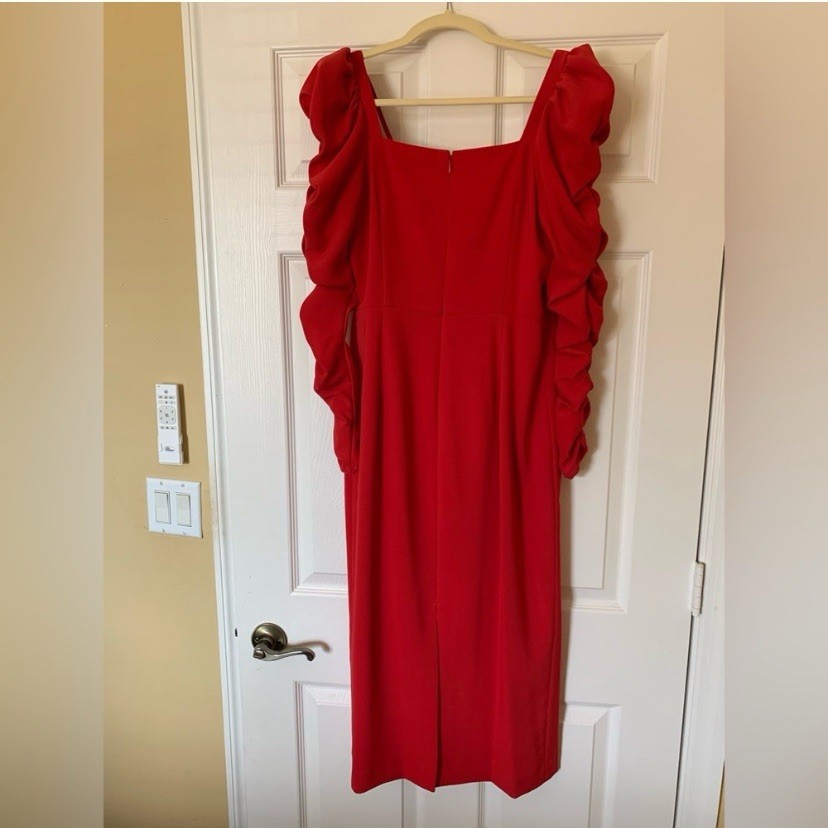 Antonio Melani Square Neck Long Ruched Sleeve Midi Sheath Dress Elegant Cocktail