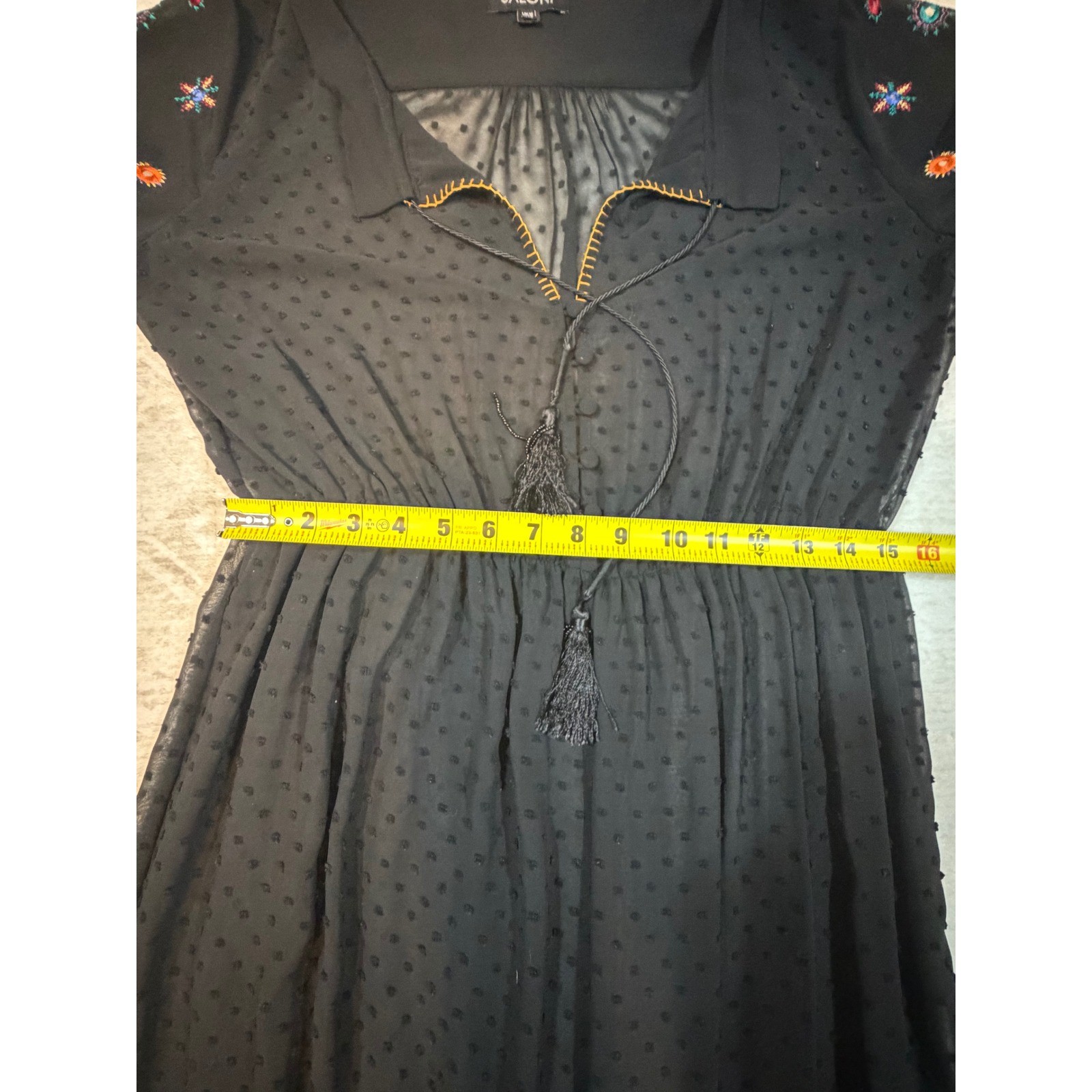 Saloni Black Embroidered Clip Dot Maxi Dress Tassel Tiered Boho Womens 6 UK 10