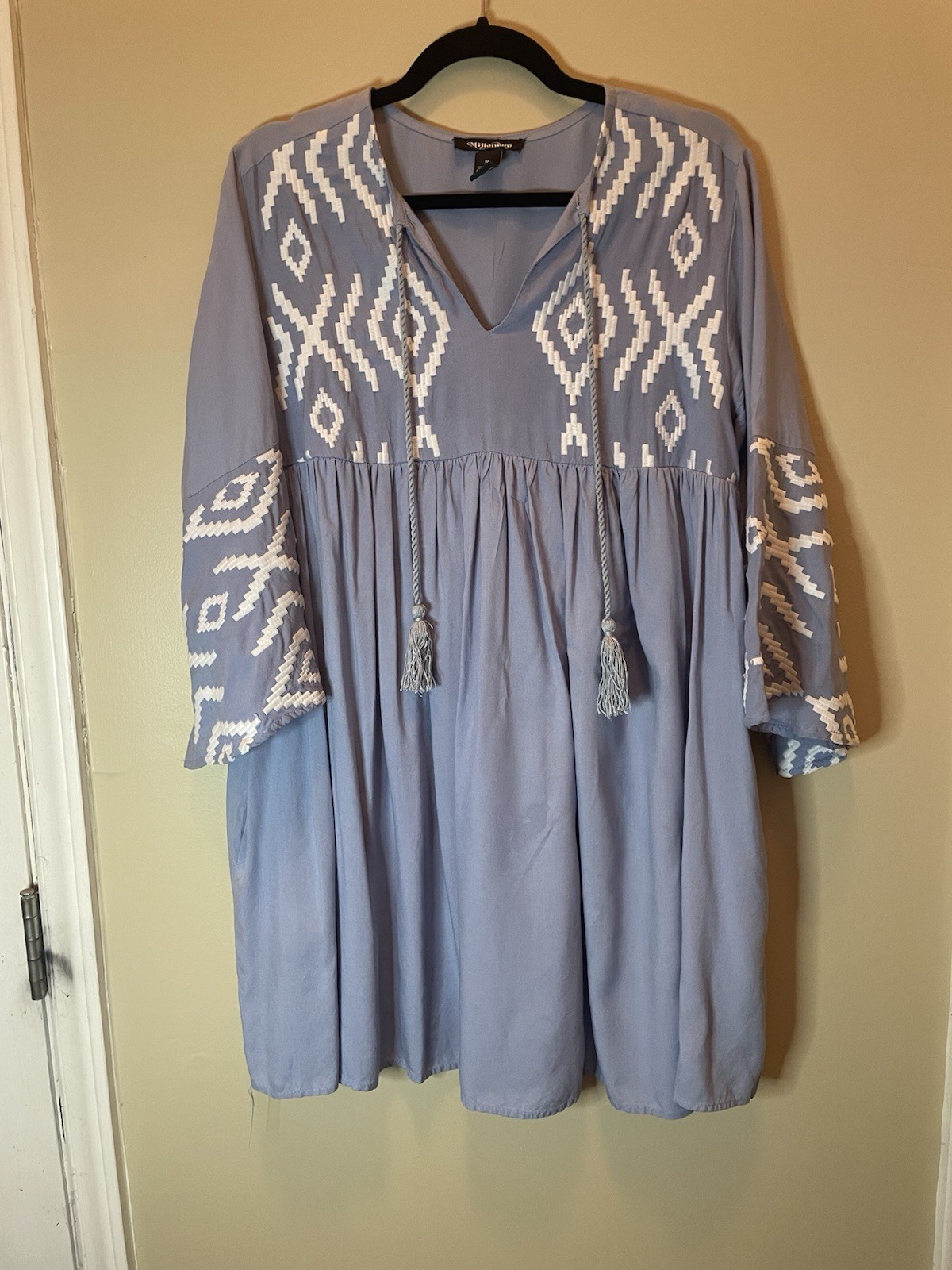 Millennium Blue Chambray Bell Sleeve Boho Dress With Pockets Size Medium