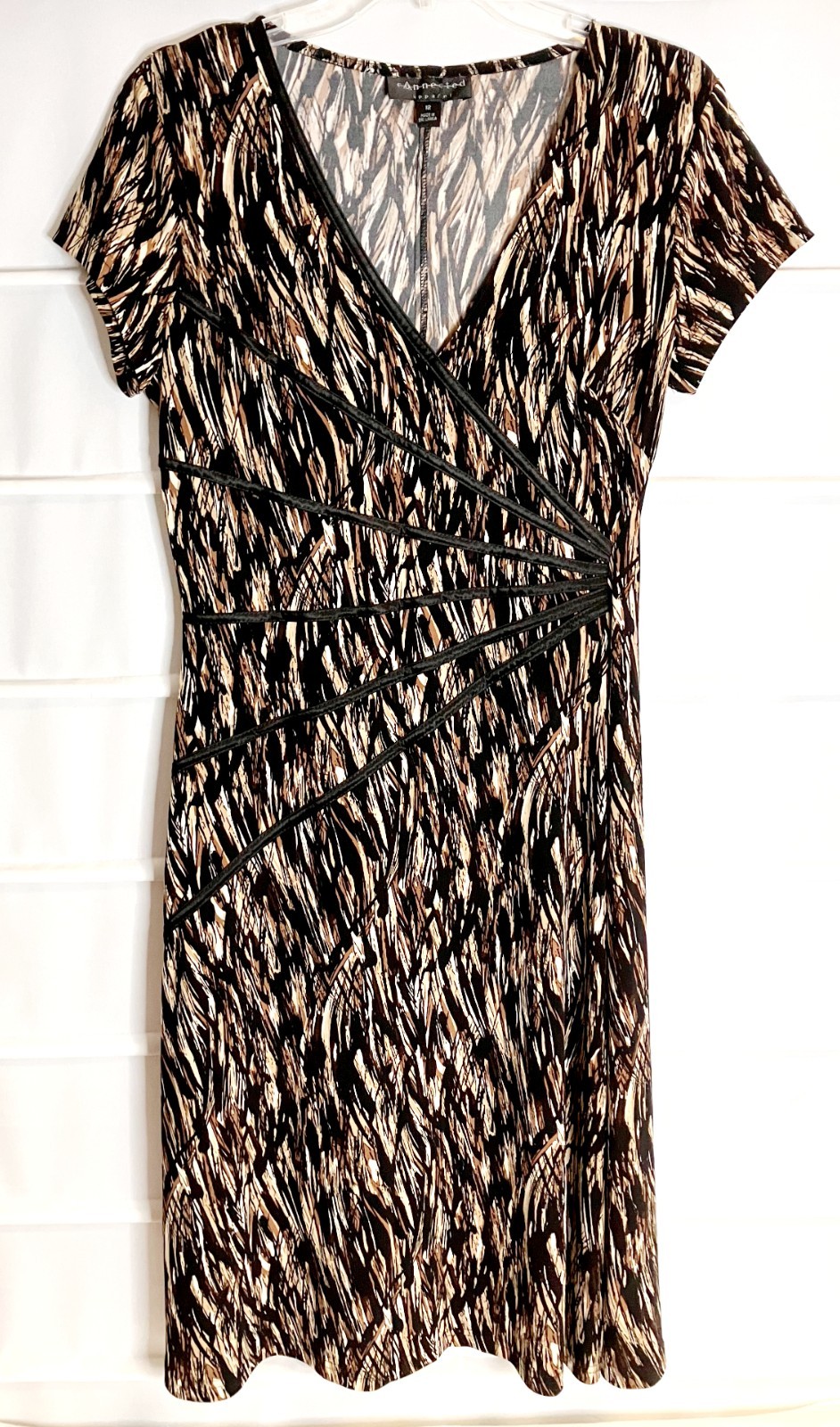 Connected Apparel Black Beige Brown SS Stretch Polyester Pullover Dress 12 EC!