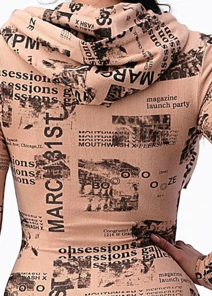 Magazine Print Tan/Gray Hooded Long Sleeve Bodycon Dress