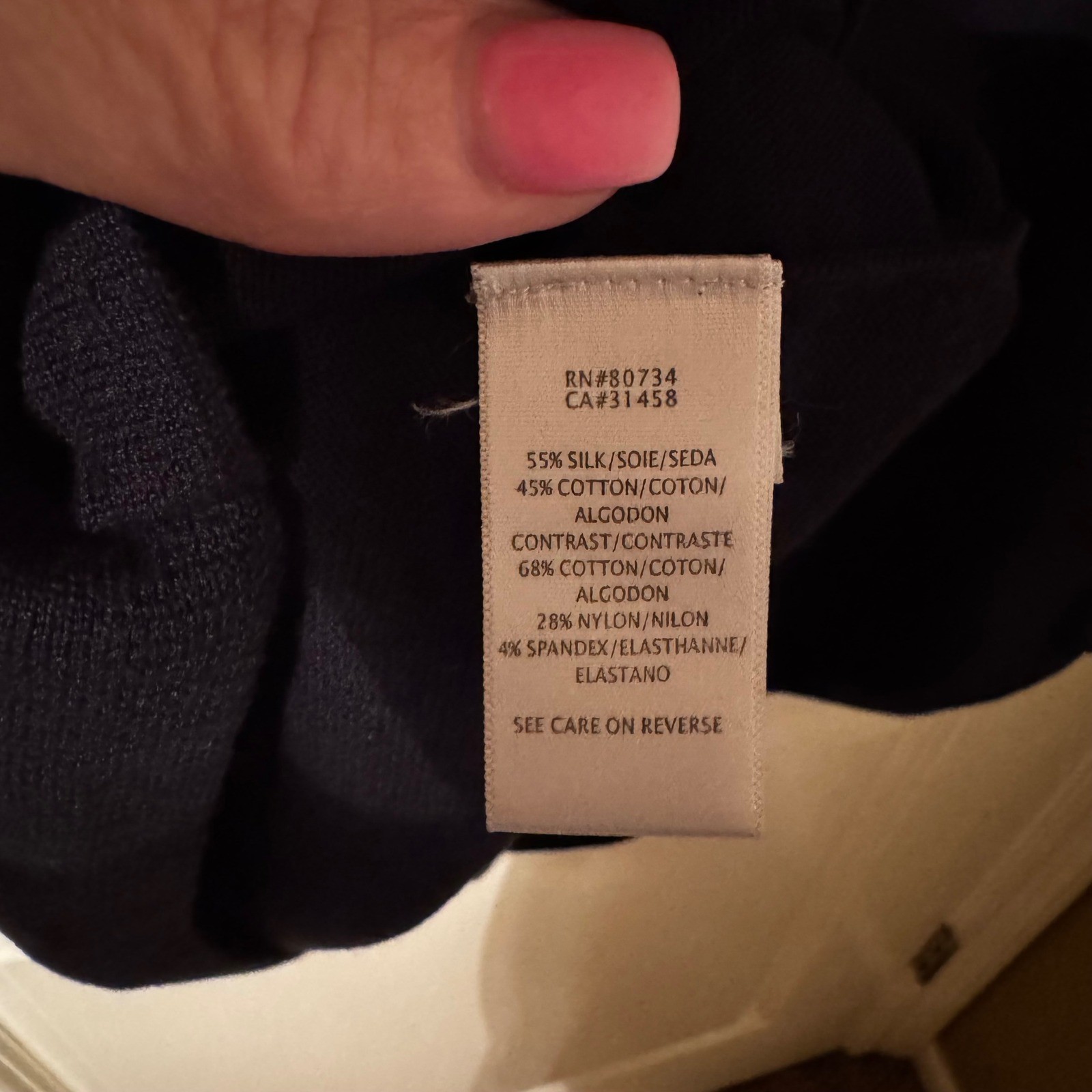 BCBGMAXAZRIA Navy Blue Black Silk Blend Ruffle Bib Knit Dress Large RN80734