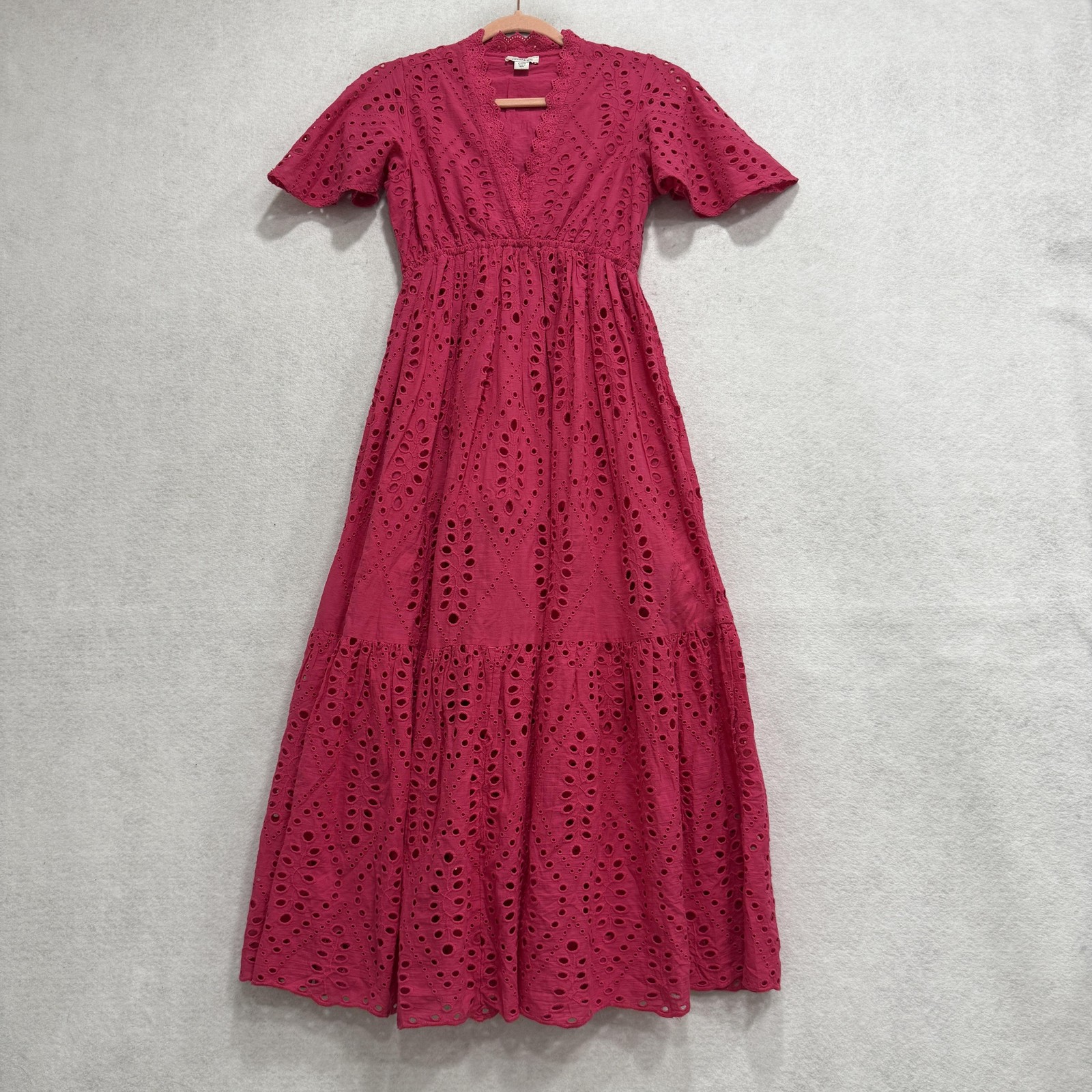 Sundance Dress Womens P2XS Pink Eyelet Cotton Maxi Short Sleeve Boho Fit Flare