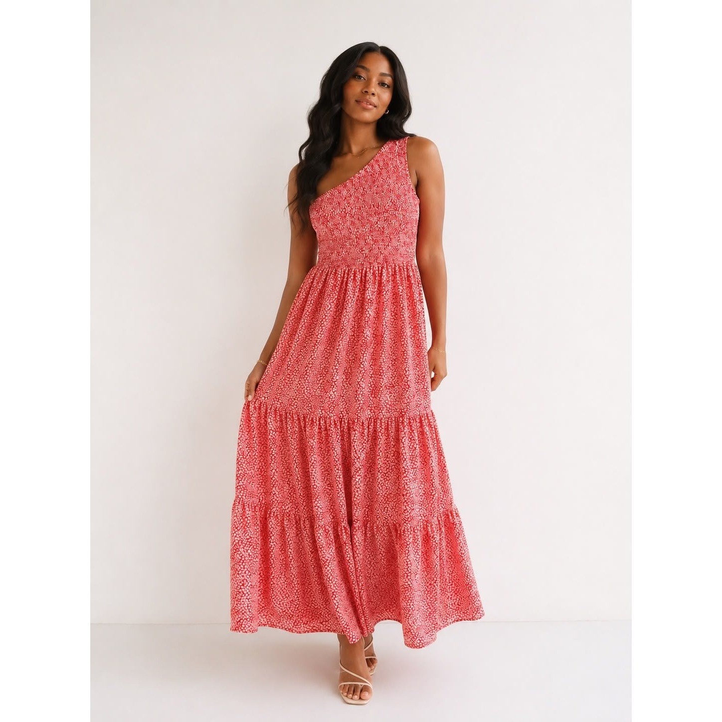 PrettyGarden Womens Red White Floral One Shoulder Smocked Tiered Maxi Dress M