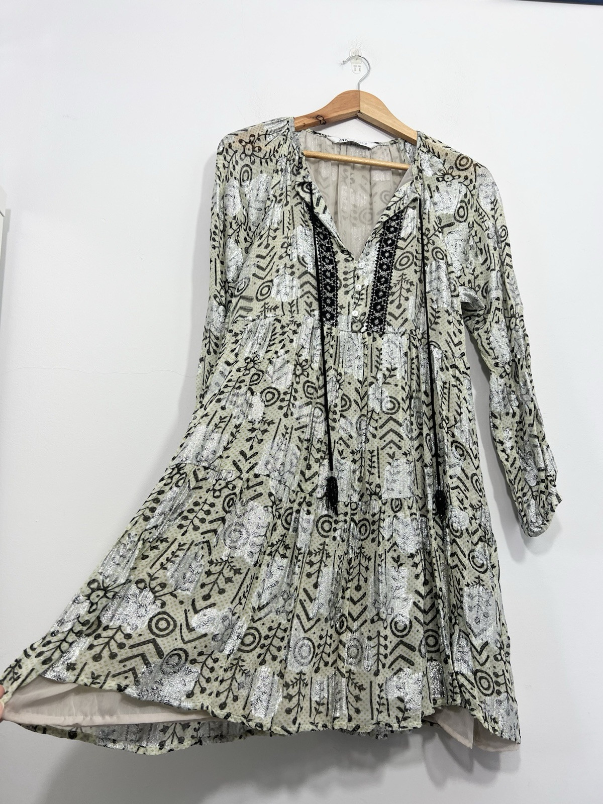 Zara A Line Boho Mini Dress Size XS Relaxed Oversized Fit Green Metallic Silver