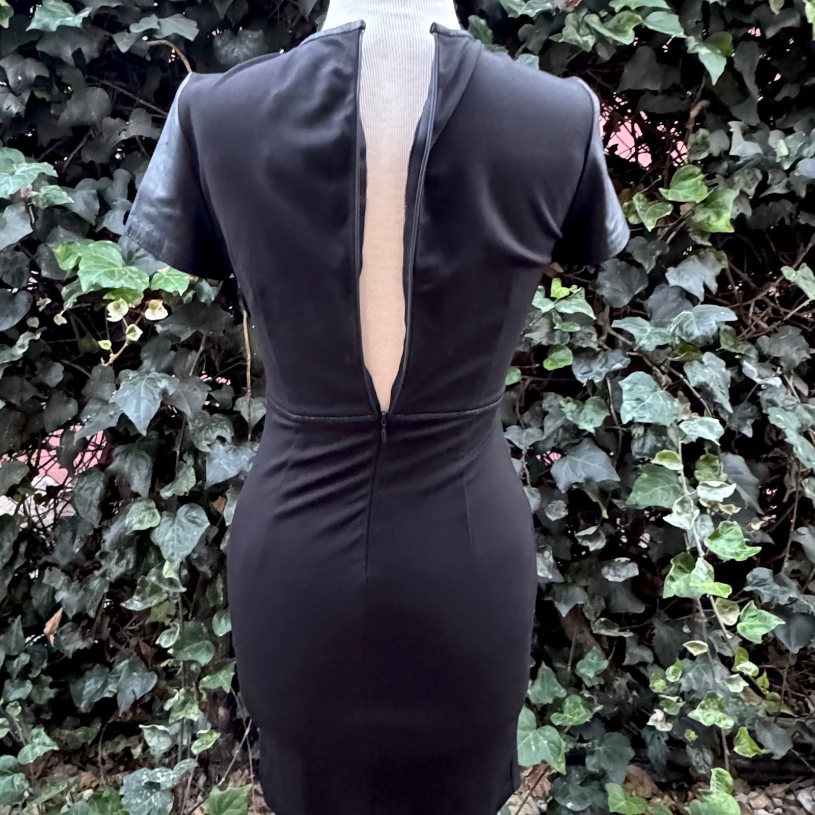 NWT My Tribe Mini Dress, Black Leather Shell, Stretch, Keyhole Round Neckline