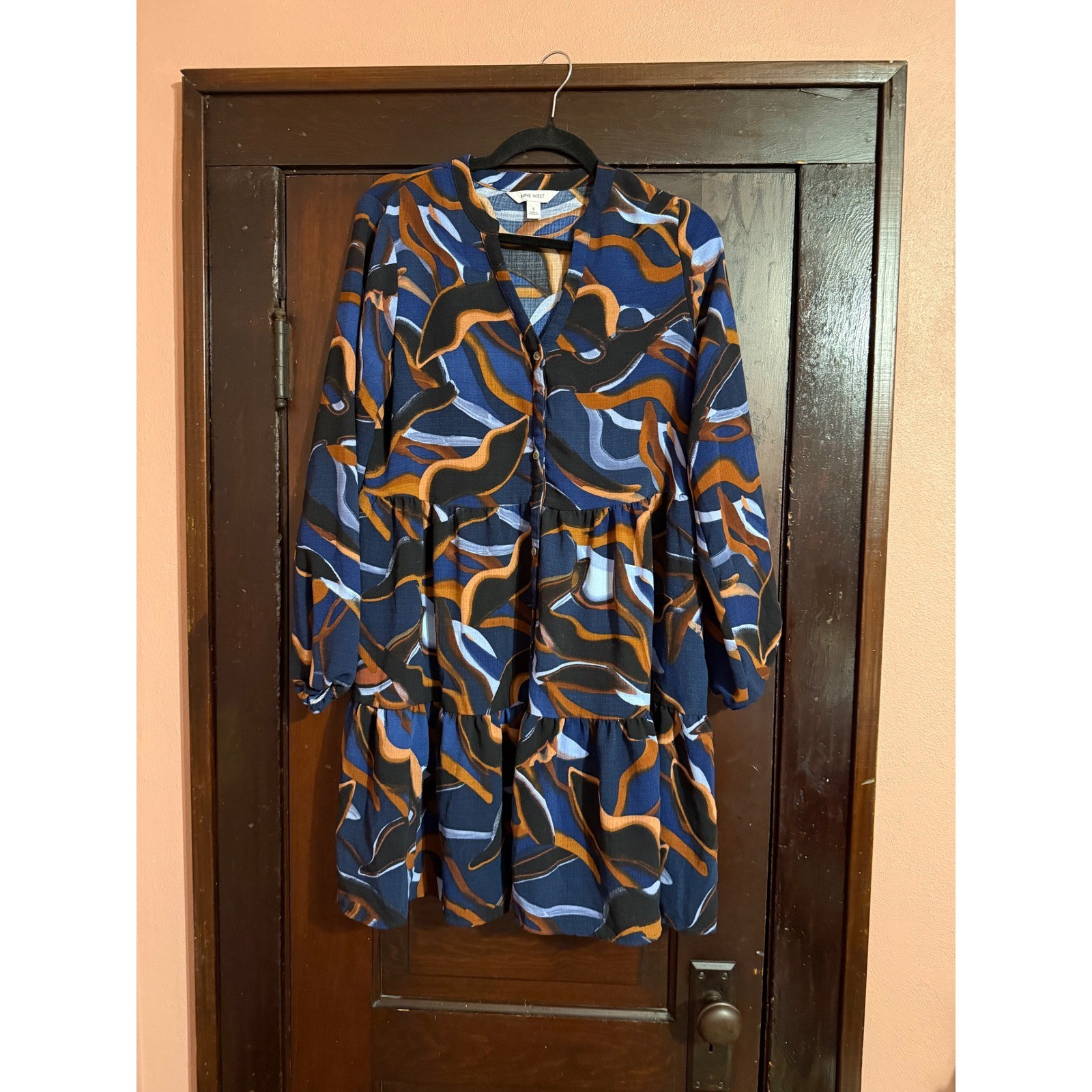 Nine West Womens Blue Abstract Swirl Print Tiered Mini Dress Small