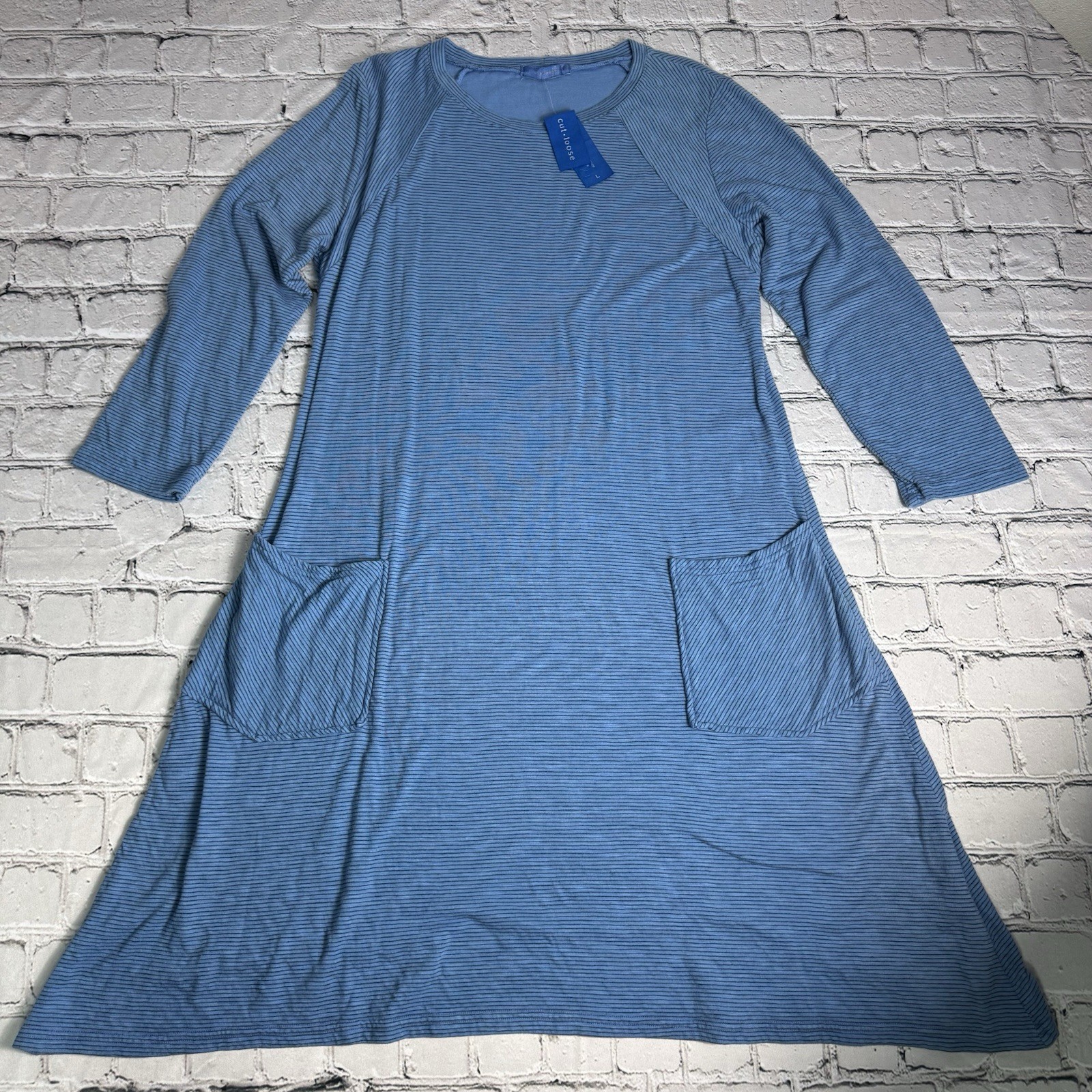 cut loose NWT Blue Fine-Striped Jersey Cotton 3/4 Sleeve T-Shirt Dress Size L