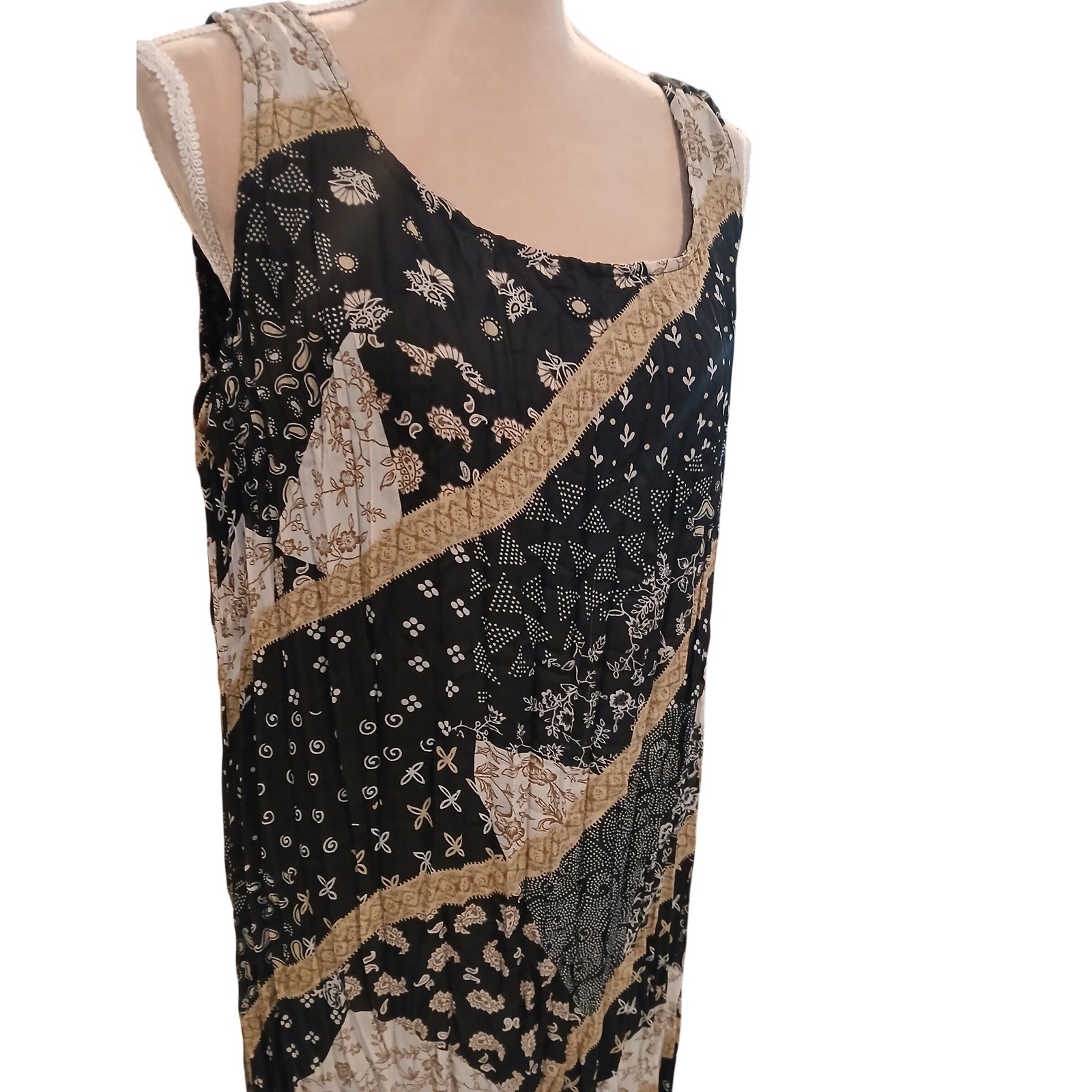 VTG XL Sleeveless Crinkle Patchwork Maxi Dress Black Tan Paisley Floral Boho