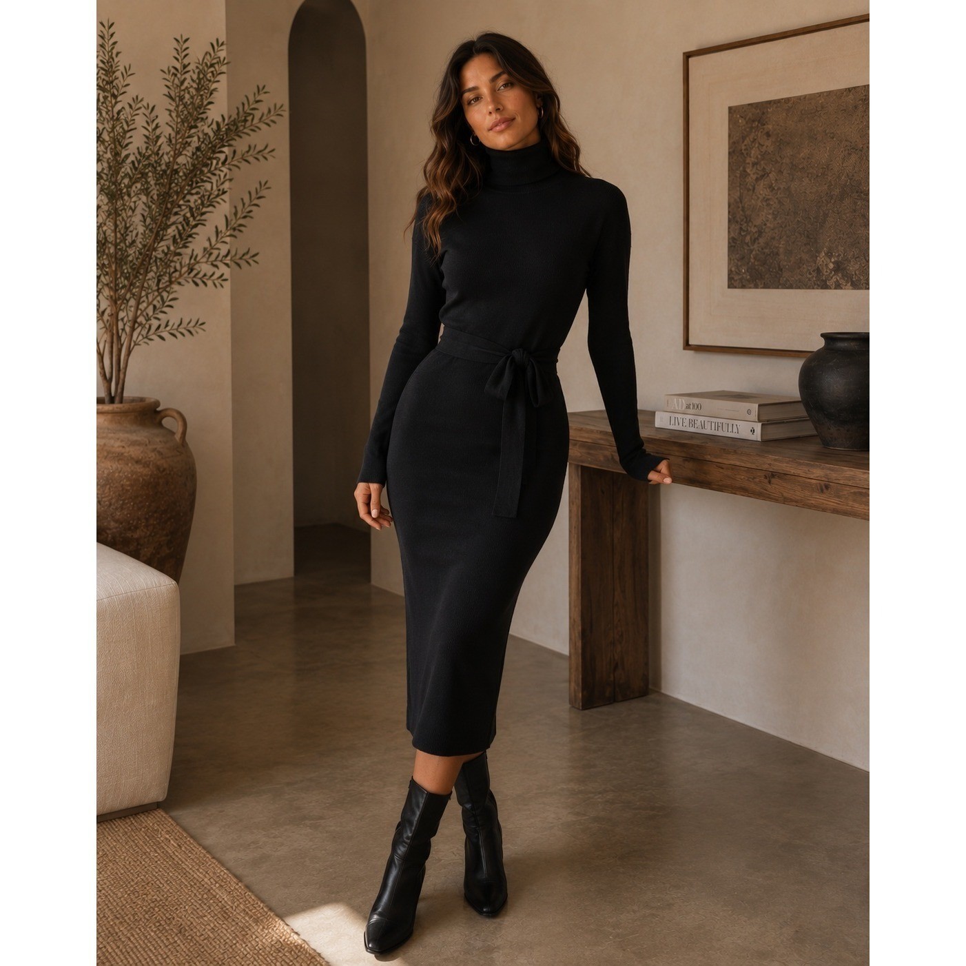 TOCCIN x RTR Dress Womens Medium Black Maxi Cutout Ribbed Knit Belted Luxury