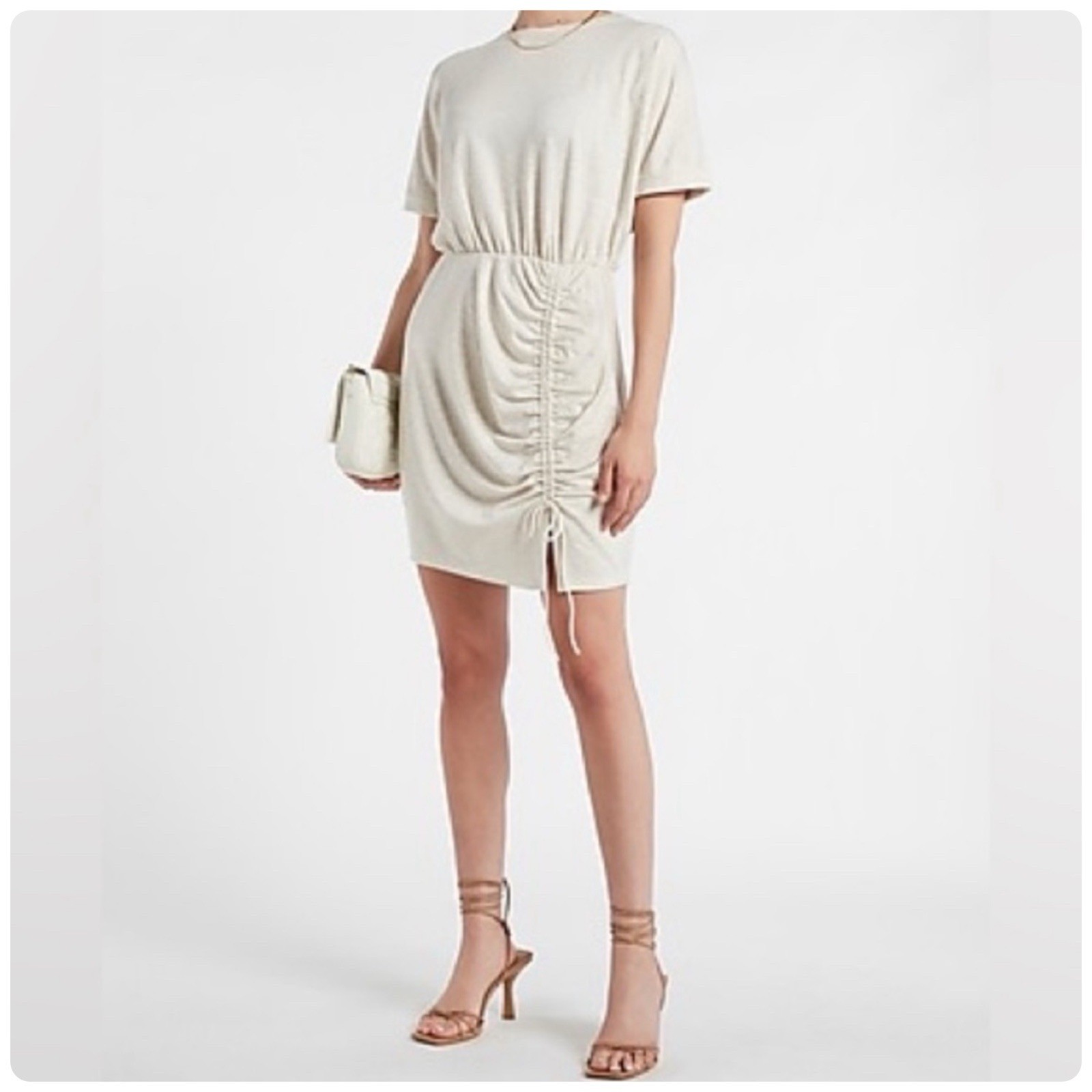 Express French Terry Knit Ruched Tee Shirt Dress Heathered Oatmeal Size XL