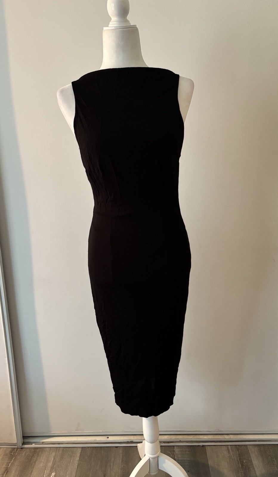 Maria Bianca Nero Black Solid Boat Neck Backless Ruched Bodycon Midi Dress S