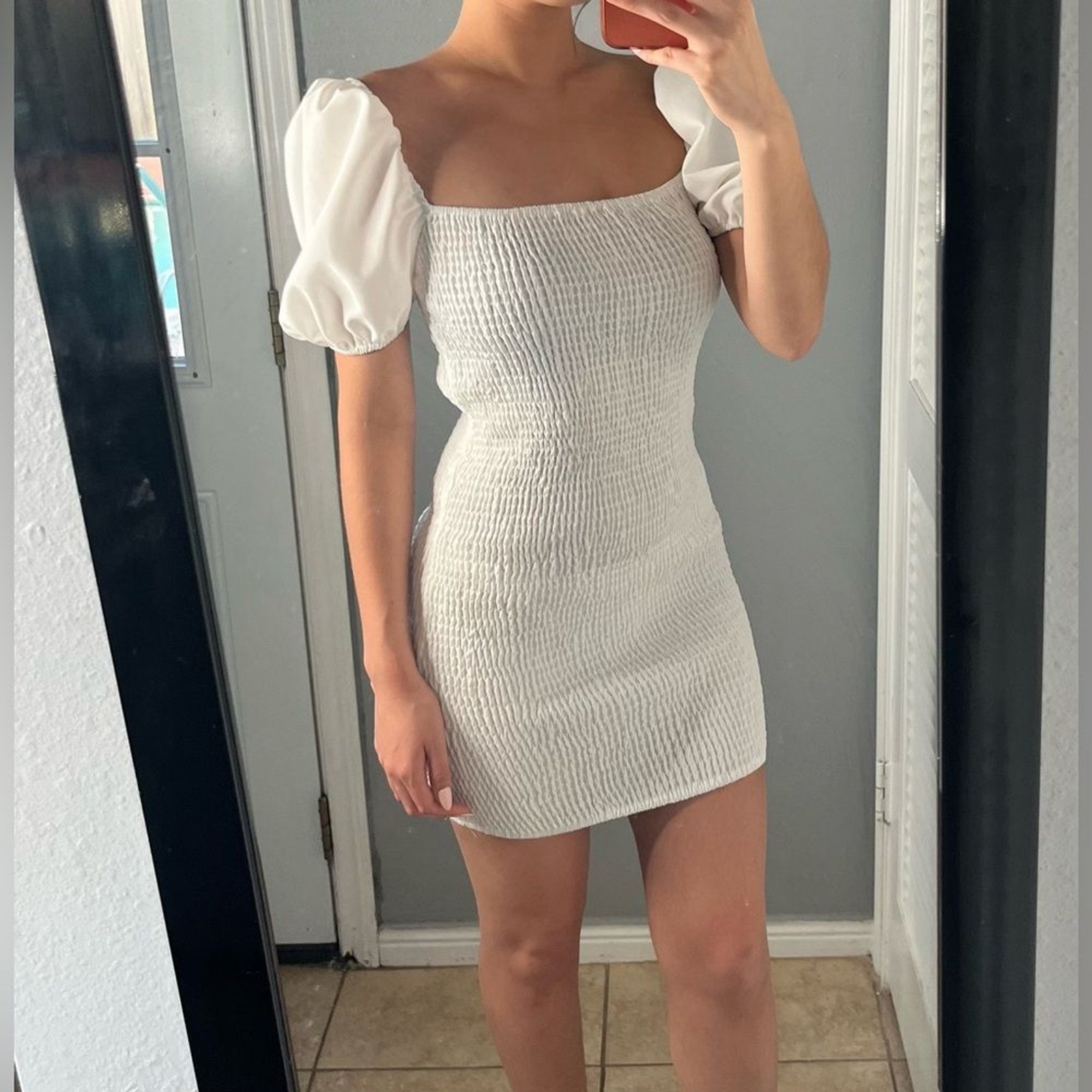 Romantic White Smocked Puff Sleeve Mini Dress Bridal Euro Summer Cottagecore – 6