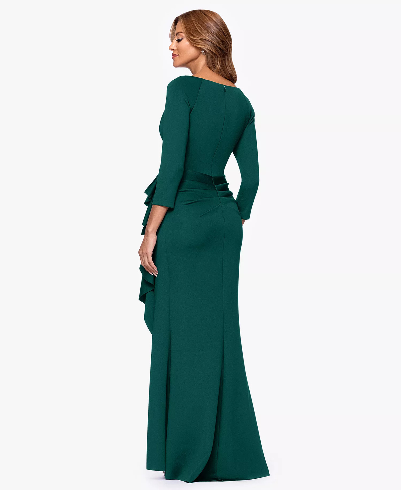 Xscape Ruffled Gown Cascading Ruffle 3/4 Sleeve Ruched 12 Pine Green NWT $159