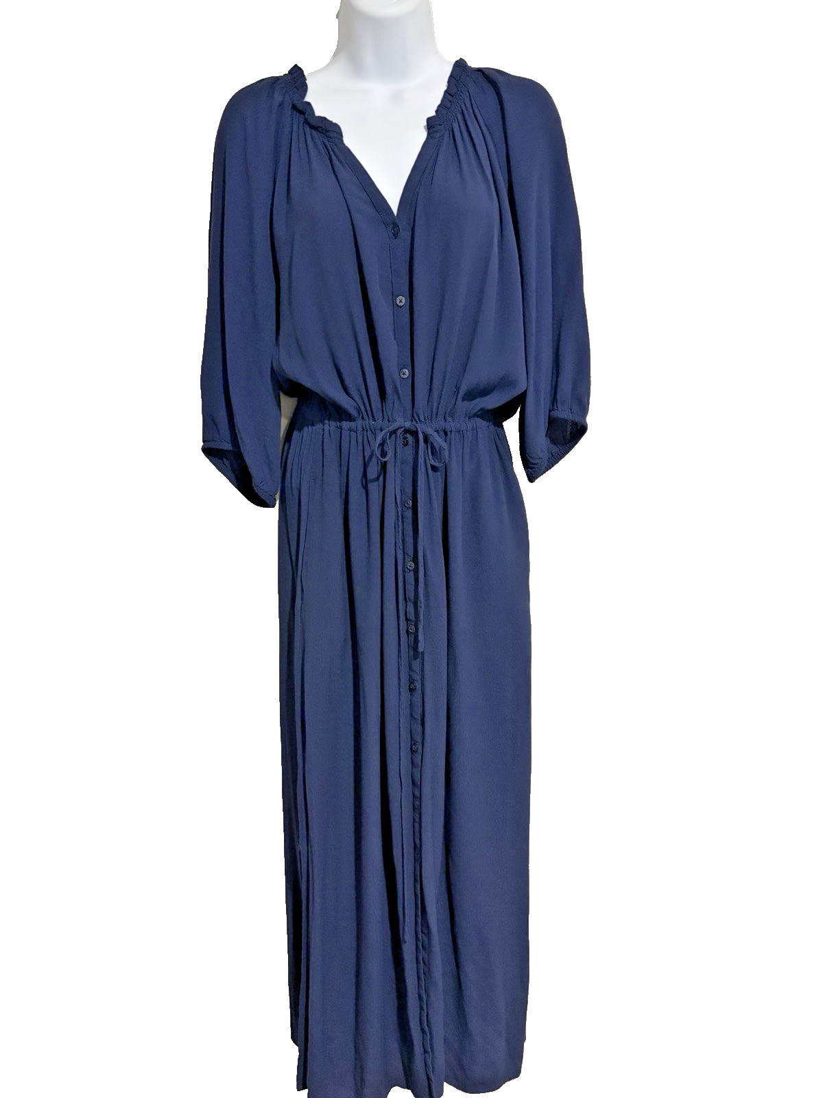 GAP Navy Maxi Dress~M~Button Front Rayon Crepe Tie Waist Versatile Office Party