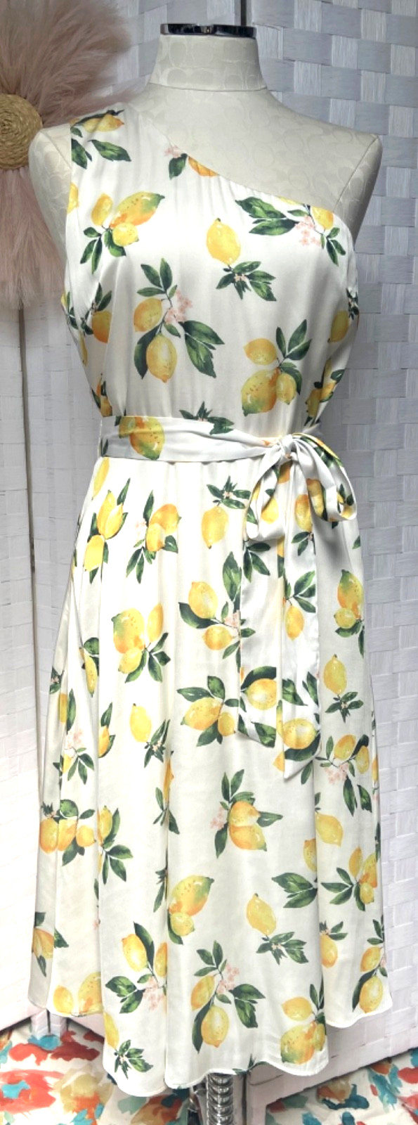 Skies Are Blue One Shoulder Lemon Print Yellow Green White Lined Dress Size L