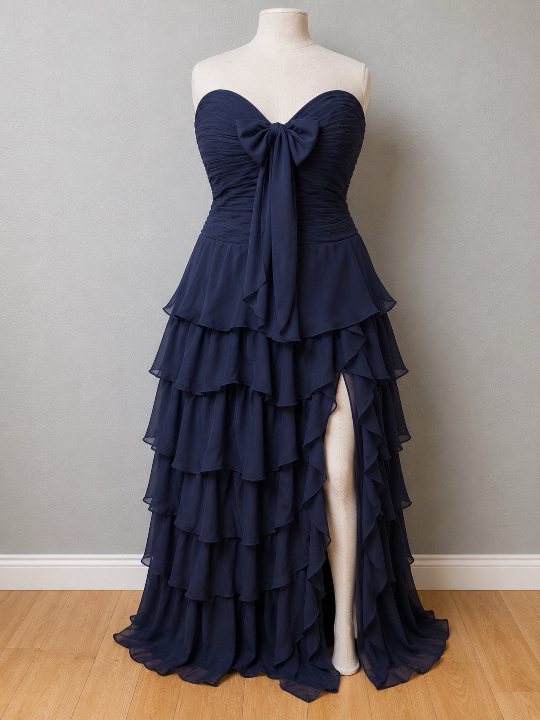 #22-13 Navy Chiffon Sweetheart Strapless Dress Lace-Up Corset Slit Ruffle 26