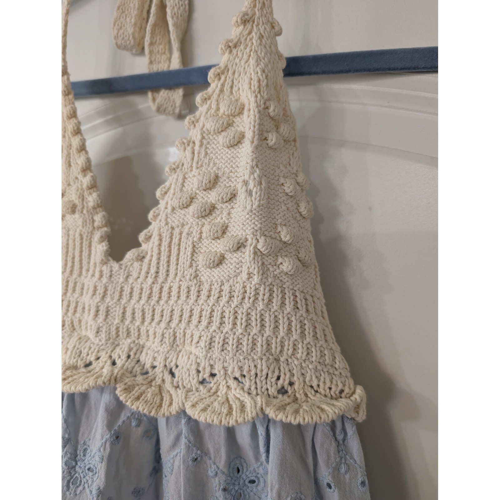 Zara Womens XS Light Blue Eyelet Crochet Halter Dress Knit cottagecore boho