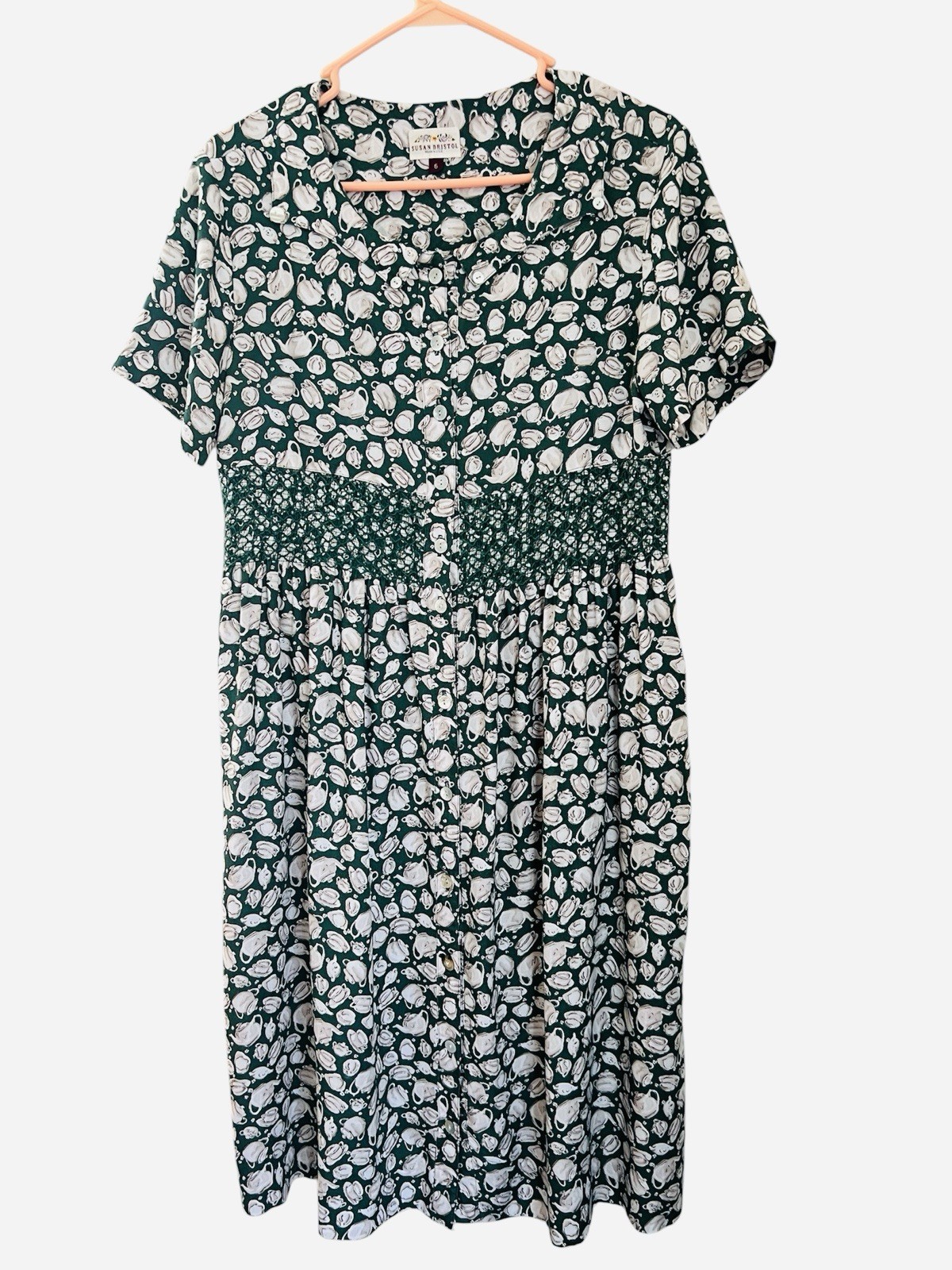 Susan Bristol Vintage Tea Cup Print Dress Women’s Sz 6 Green Button Art-to-wear