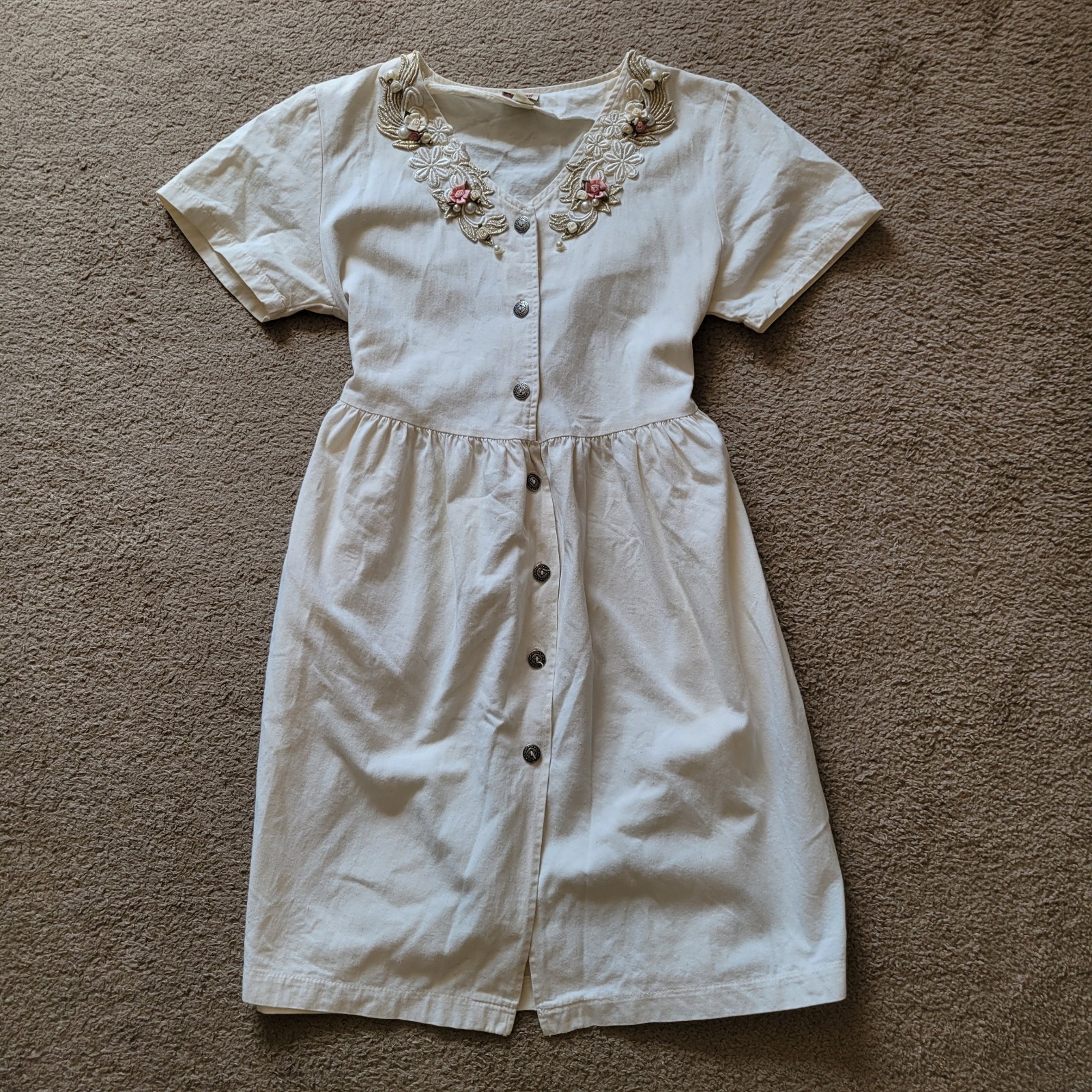 Vintage Cactus California Dress Womens L Ivory Floral Pearl Appliqué Made in USA