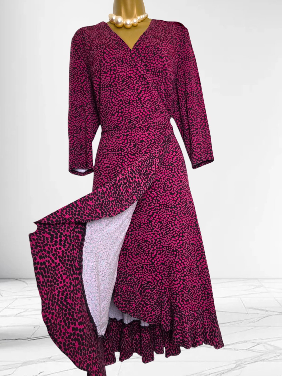 Phase Eight Ebony Ditsy Wrap Midi Dress UK 18 Pink Black ditsy frill jersey