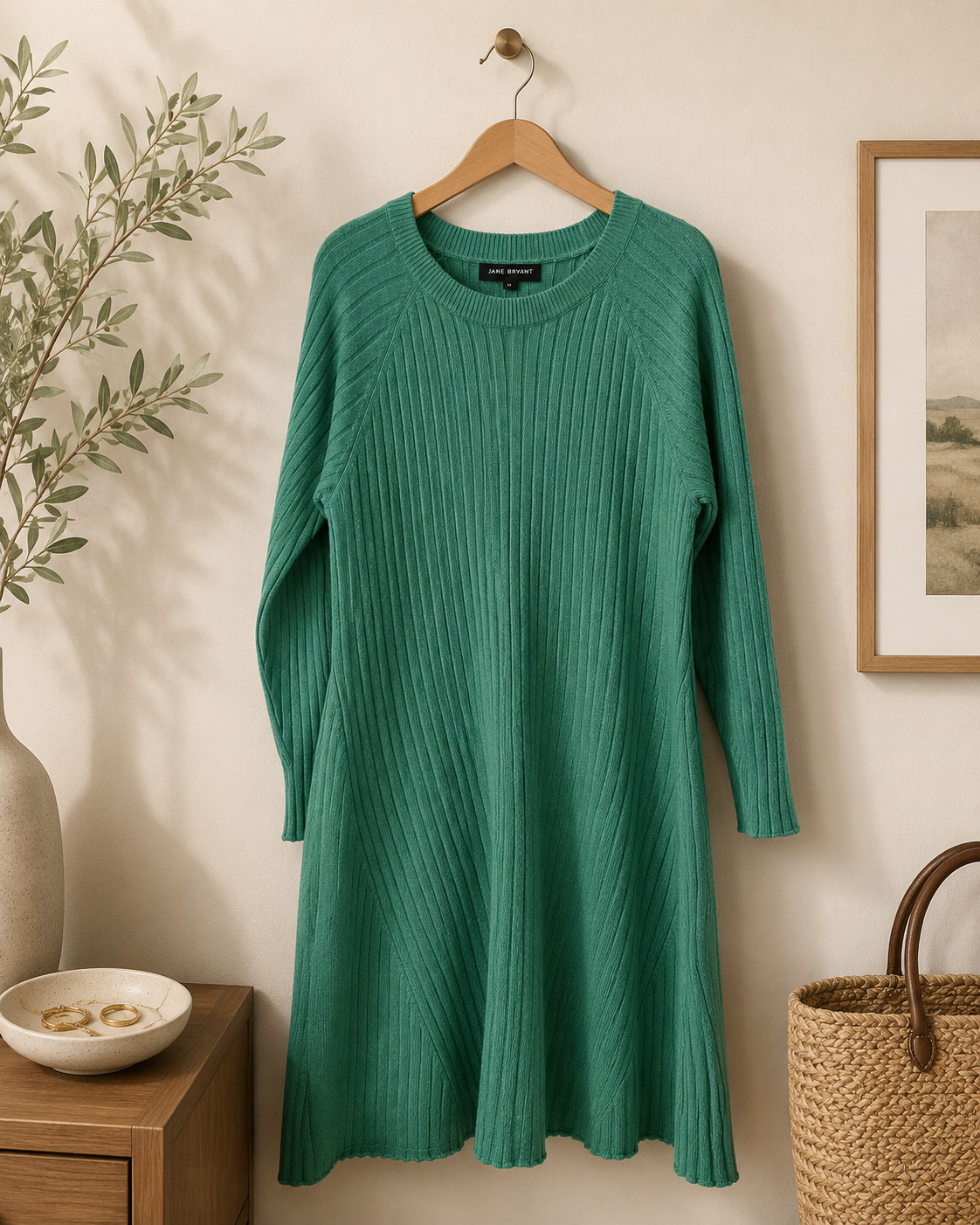 Lane Bryant Ribbed Sweater Dress Green 22/24 Plus Size 3/4 Sleeve Knit Midi
