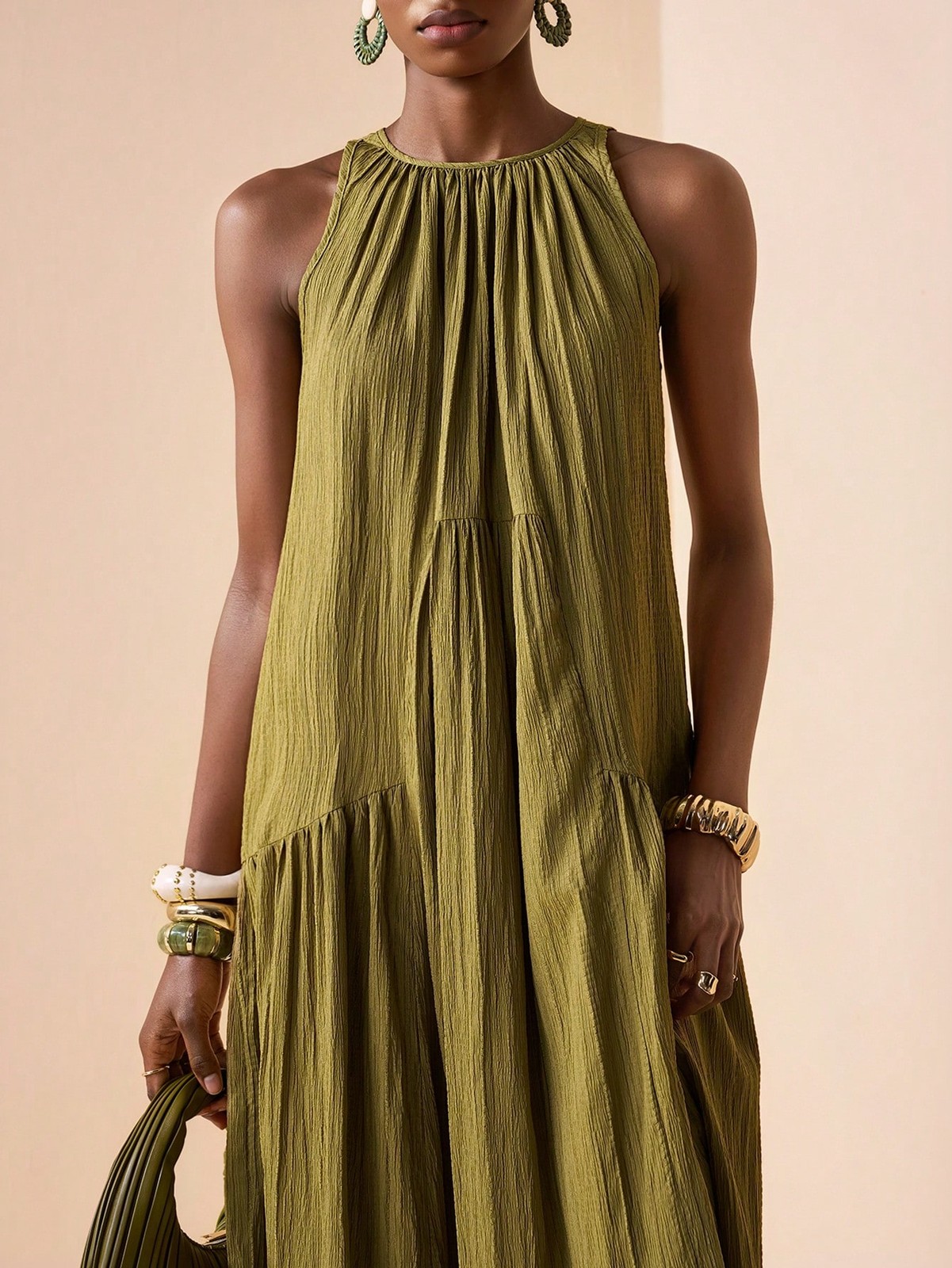 Ladies Halter Neck Pleated Long Dress in Military Green