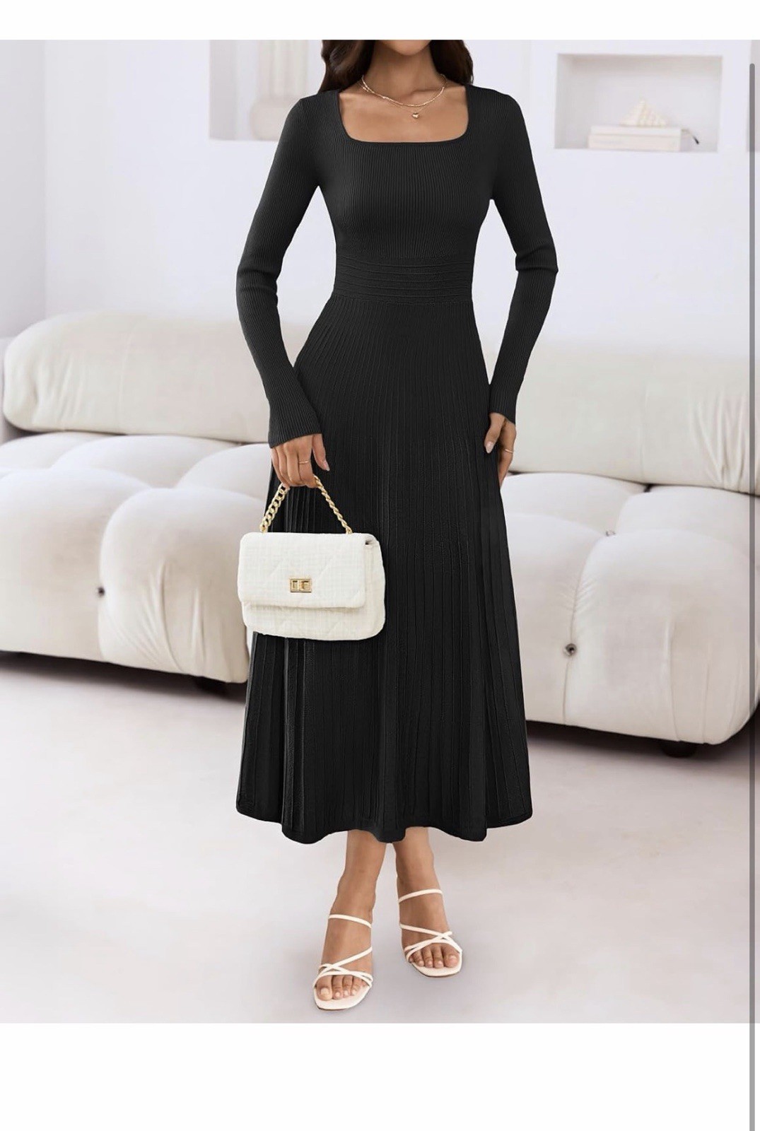 MEROKEETY Women’s Sweater Dress Black Large Long Sleeve Knit Midi Dresse