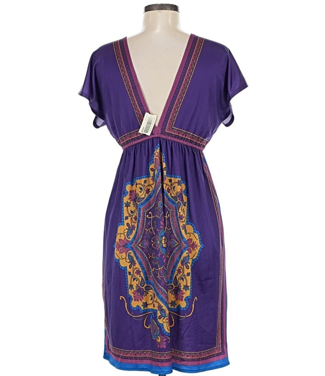Flying Tomato Double V-Neck Purple & Gold Boho Printed Mini Dress Medium
