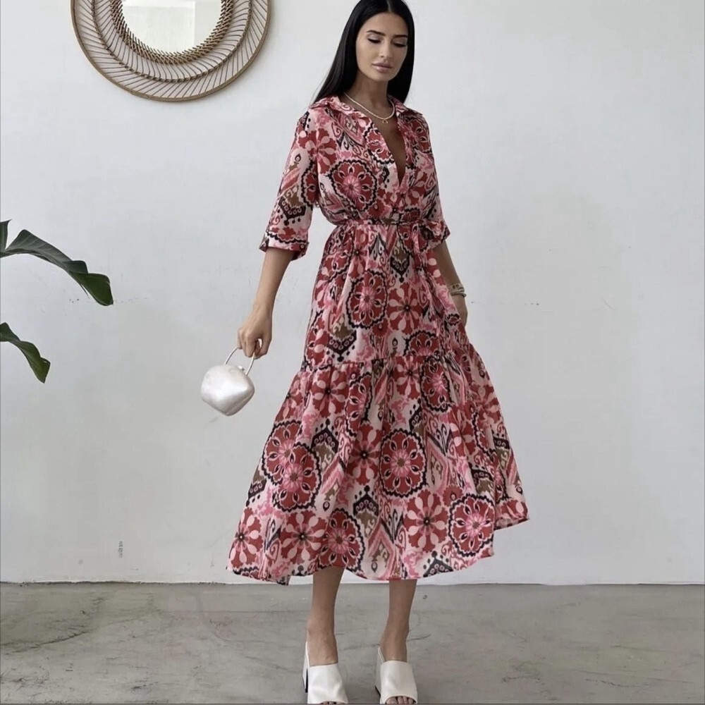 Zara Ikat Print Button-Down Belted Midi Dress- Size M