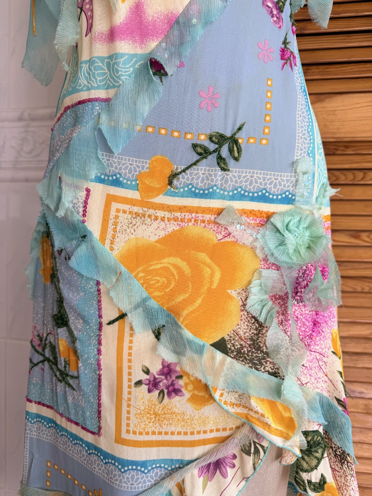 Spanish Designer Multicoloured Patchwork Floral Appliqué Dress M