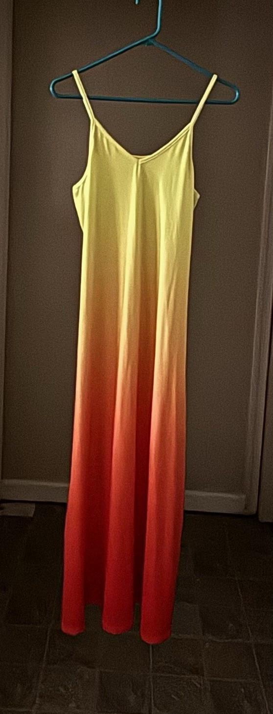 Yellow Orange Red Ombre Maxi Slip Dress V-Neck Sleeveless Long Regular 12