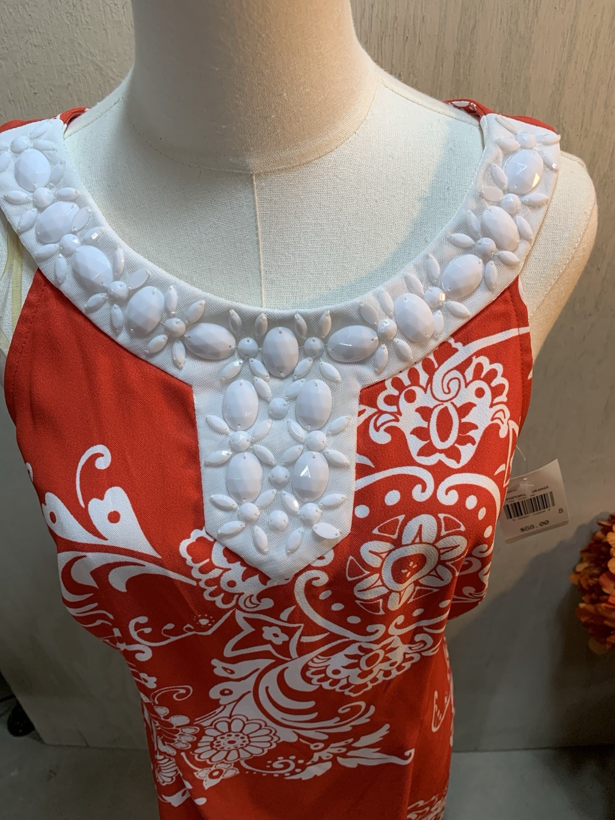 Connected Apparel Coral And White Dress With Beading. Size 8