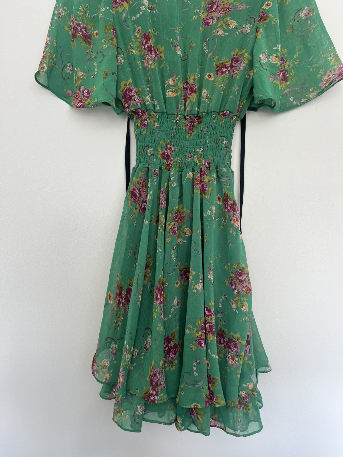 Jarlo Green Floral Elasticated Mini Dress Summer Tassels Ruffles New S/M