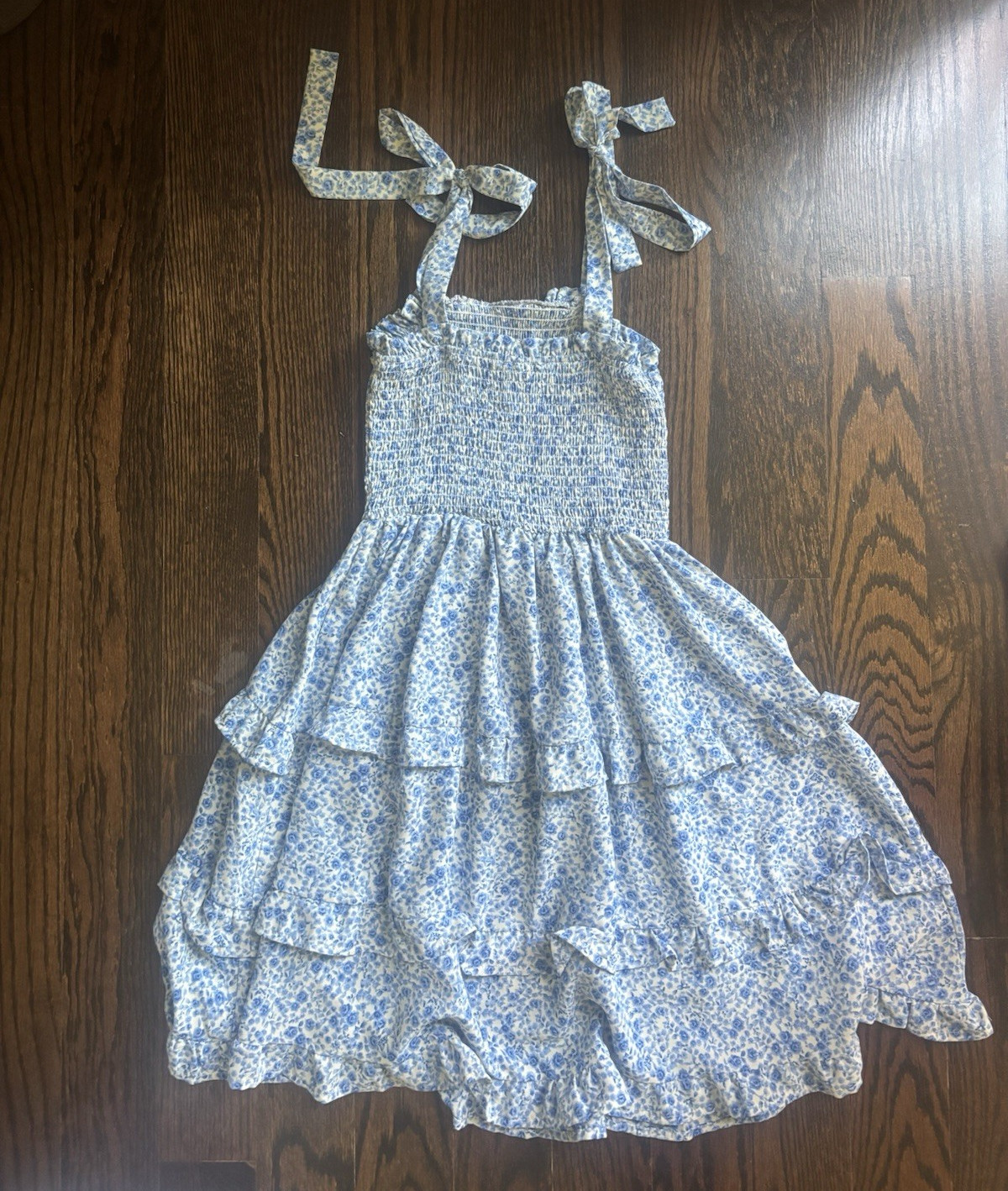 Blue/White Floral Smocked Square Neck Tie-Strap Sundress Cotton Short XS